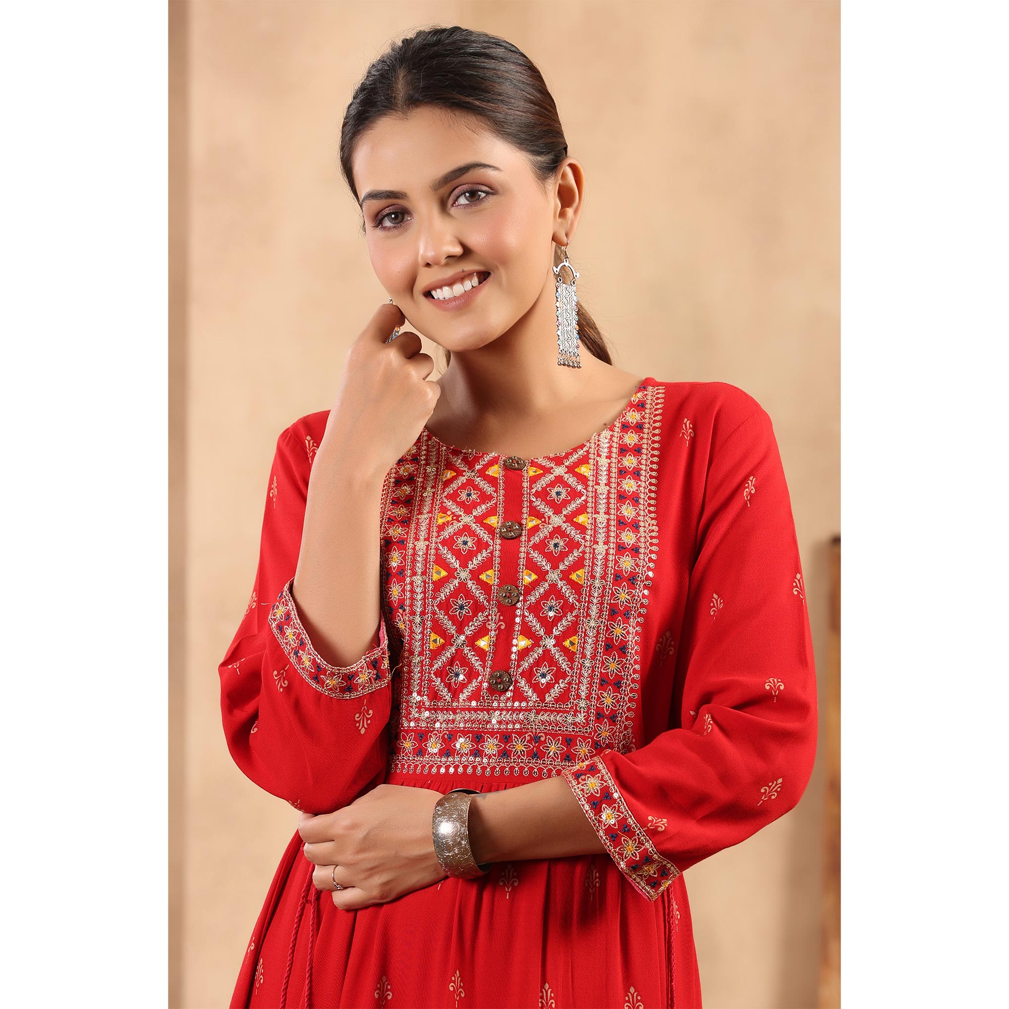 Red Printed With Embroidered Rayon Gown