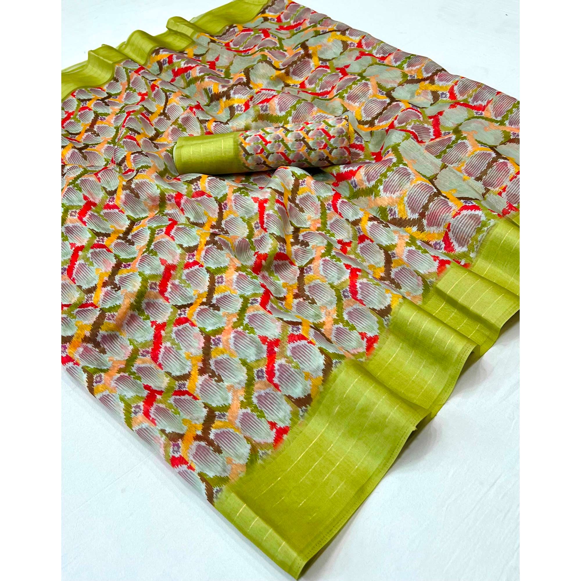 Green Digital Printed Cotton Blend Saree
