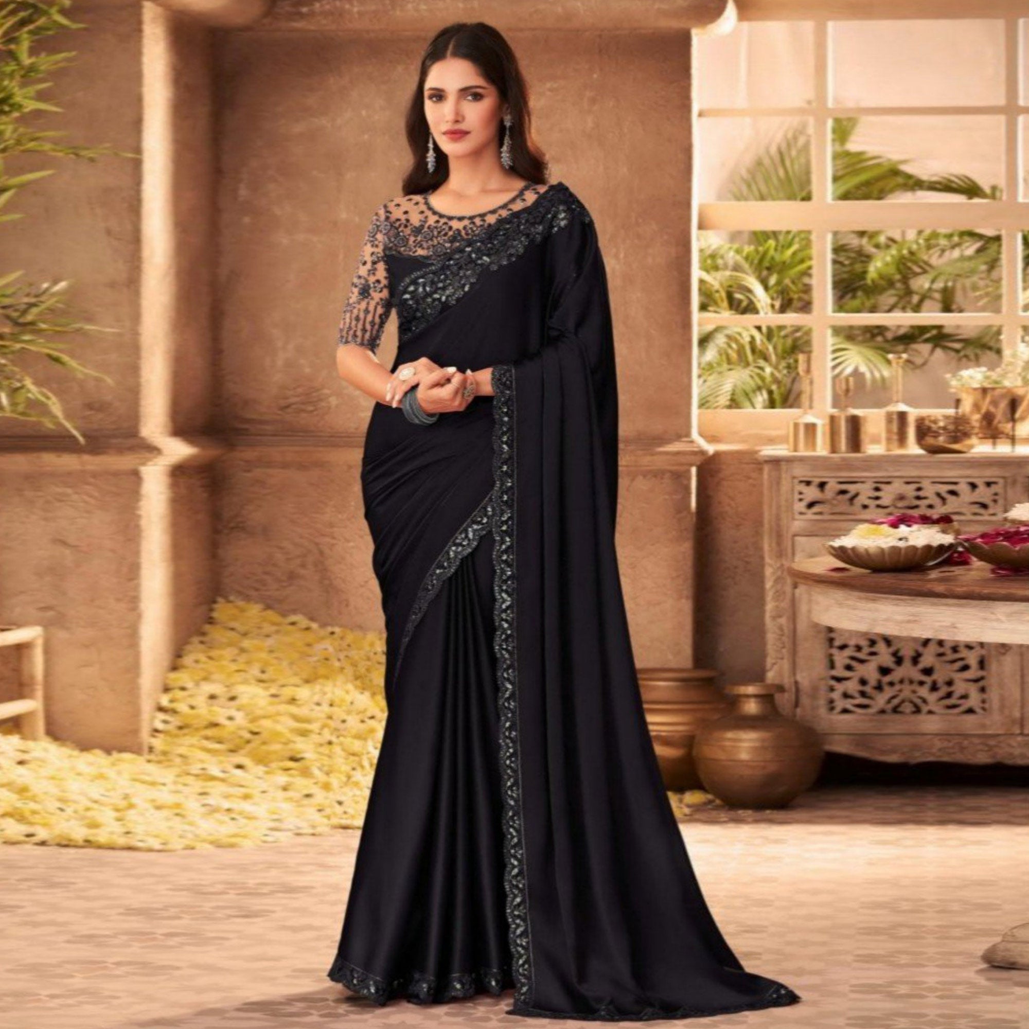 Black Embroidered Art Silk Saree