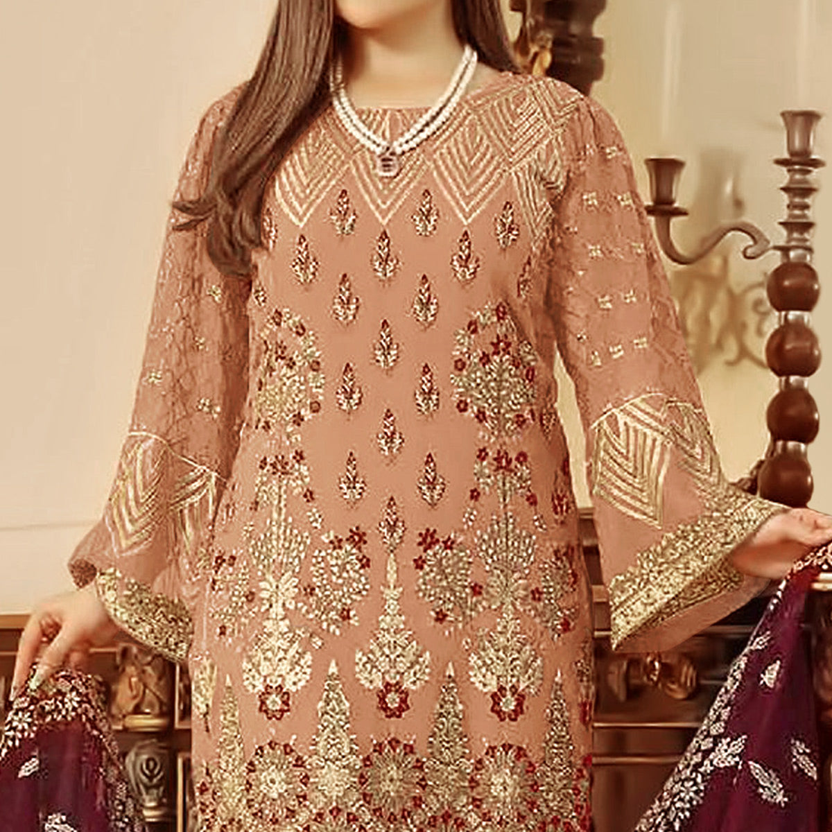 Peach Sequins Embroidered Georgette Pakistani Suit