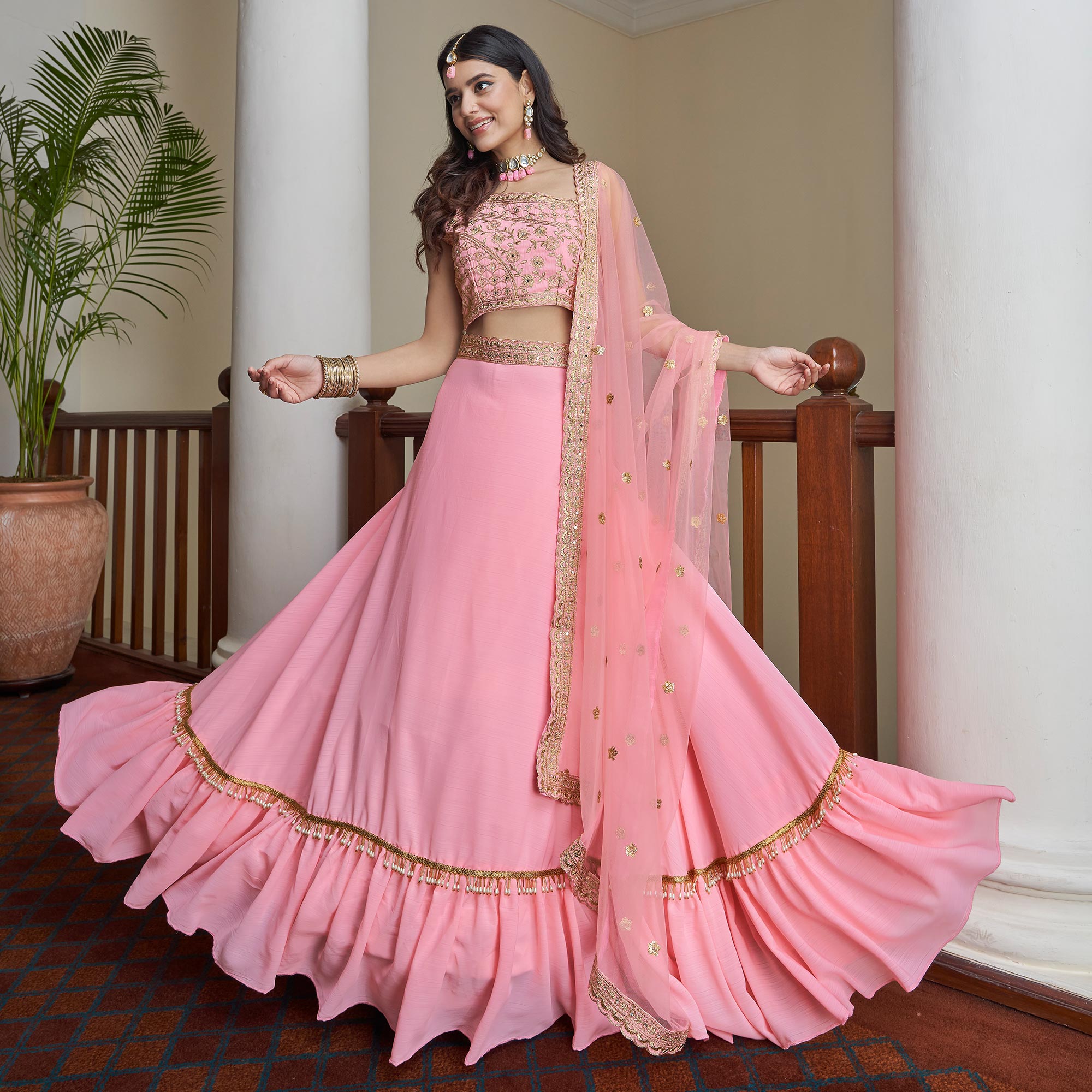 Pink Embroidered Art Silk Lehenga Choli