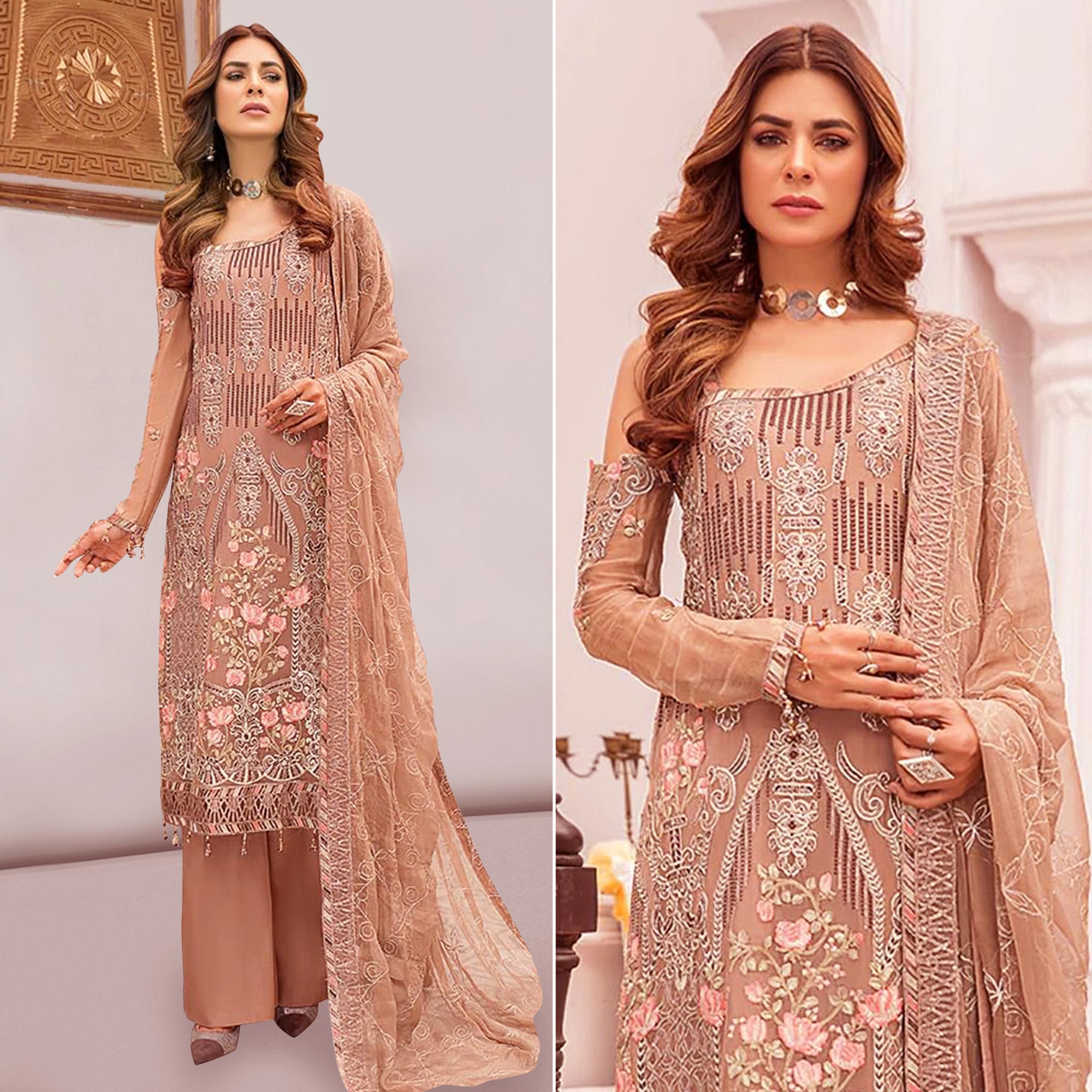 Rust Embroidered Georgette Pakistani Suit