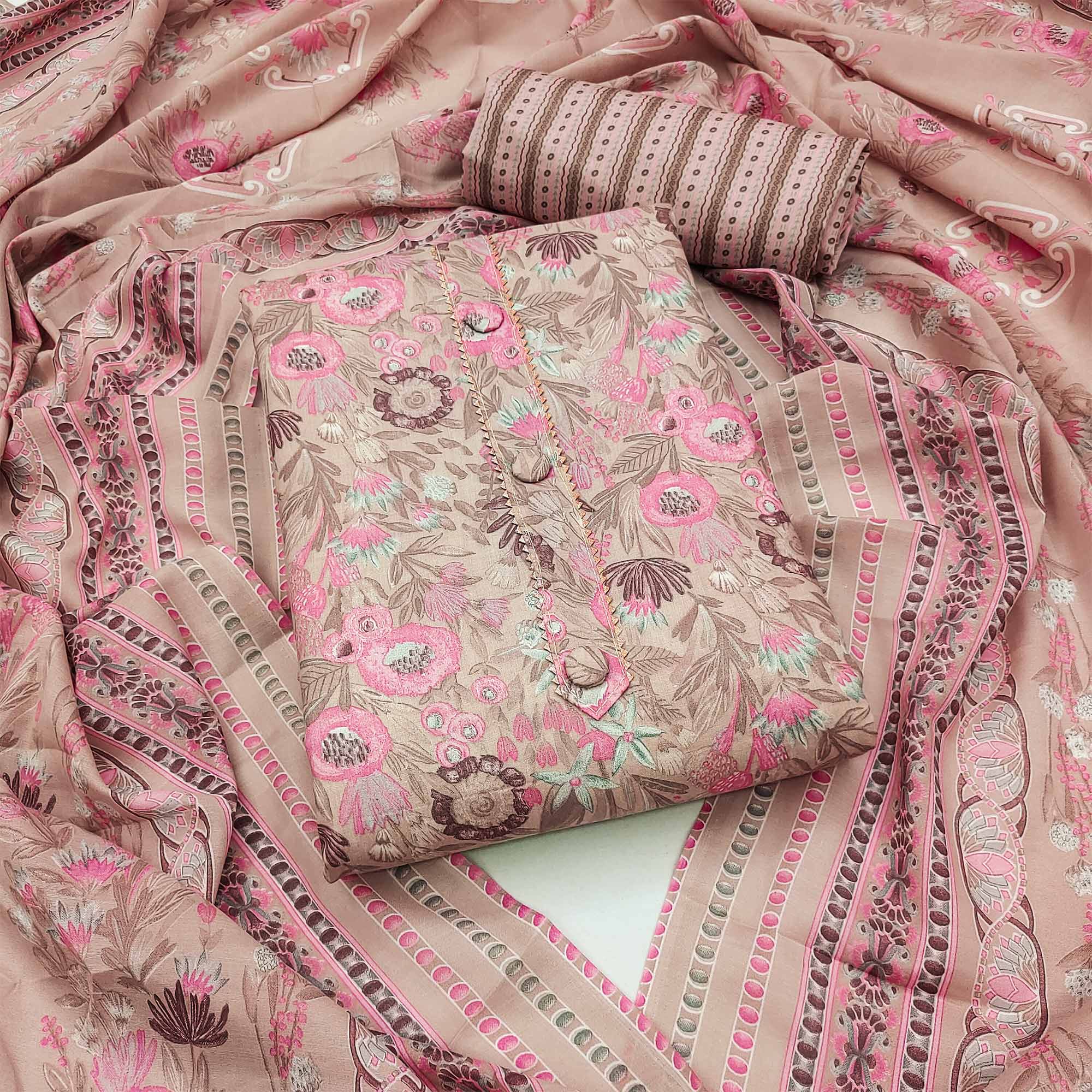 Beige Floral Printed Cotton Blend Dress Material