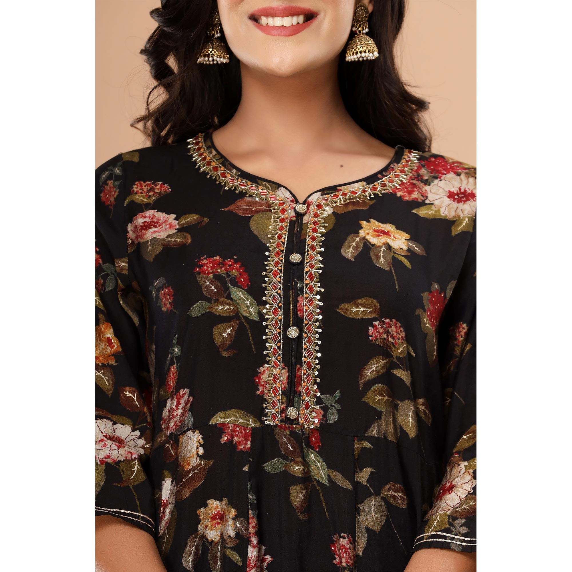 Black Floral Printed And Gota Work Muslin Anarkali Suit