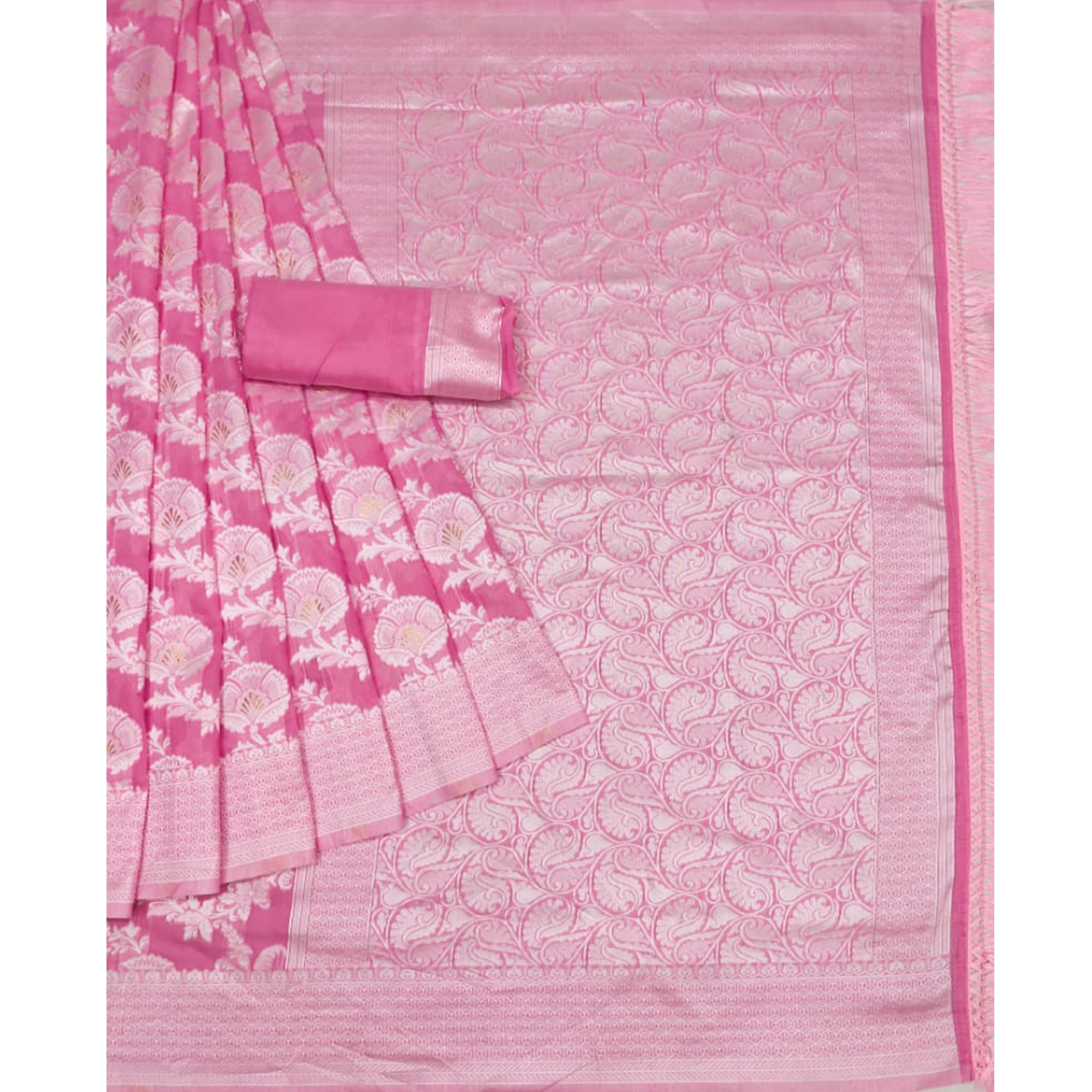 Pink Woven Cotton Blend Saree With Tassels