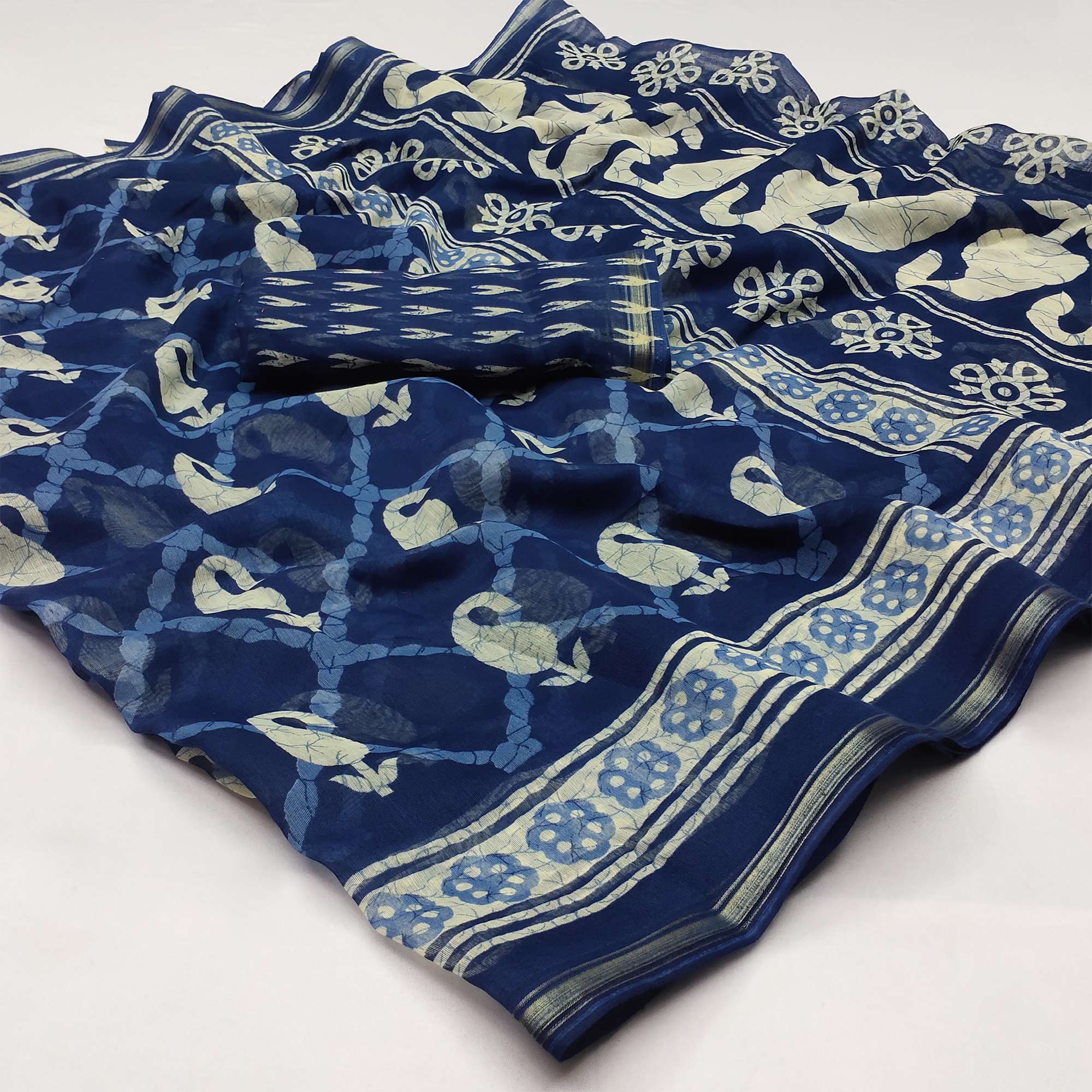Blue Printed Cotton Blend Saree