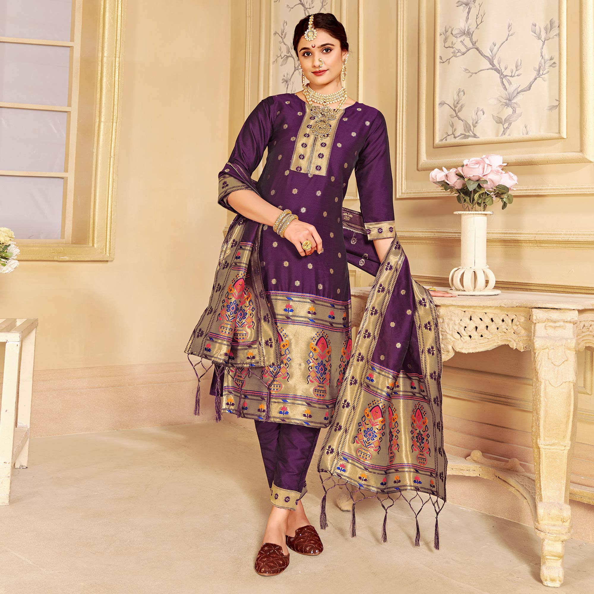 Purple Floral Woven Tapetta Silk Salwar Suit