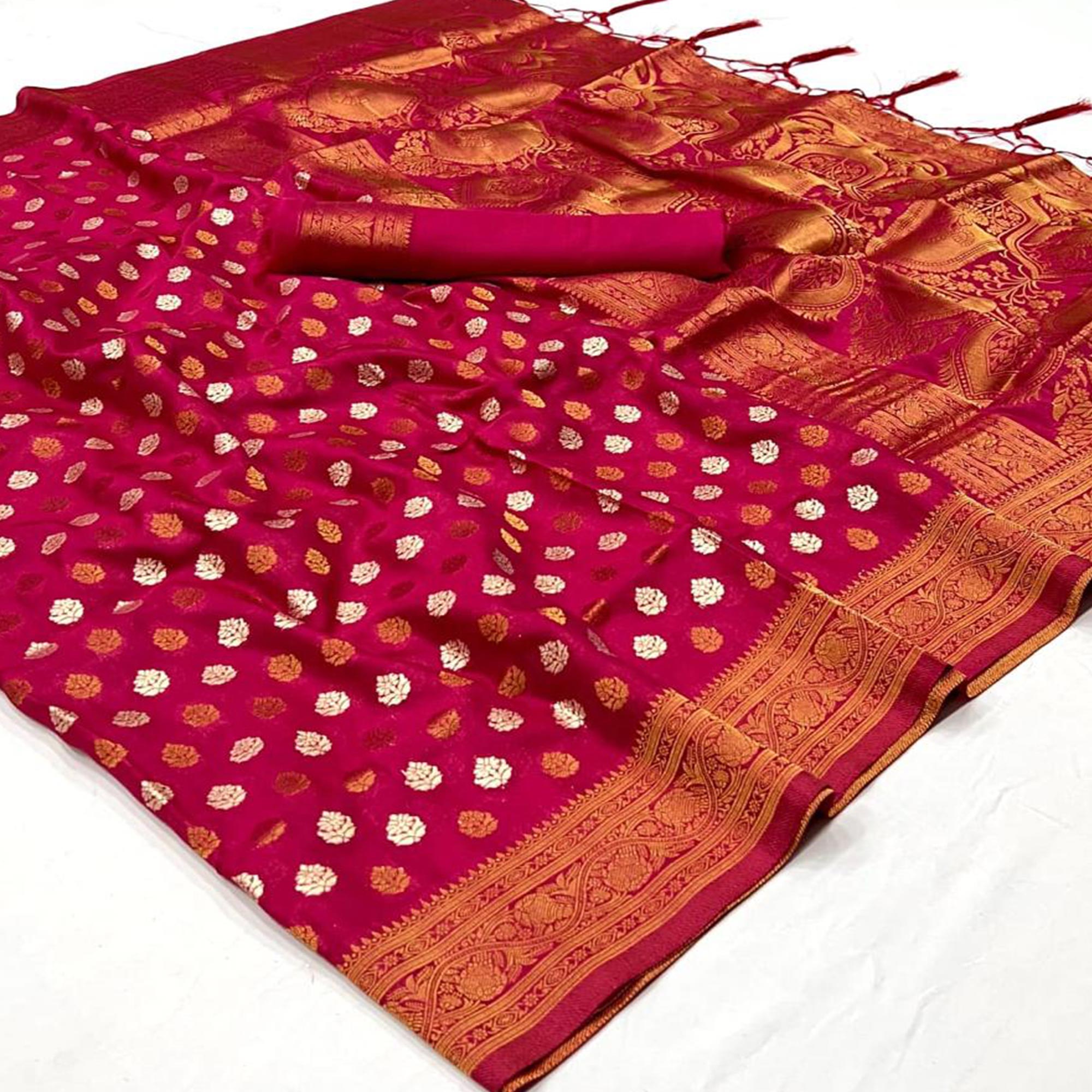 Rose Pink Woven Khadi Silk Saree With Tassels