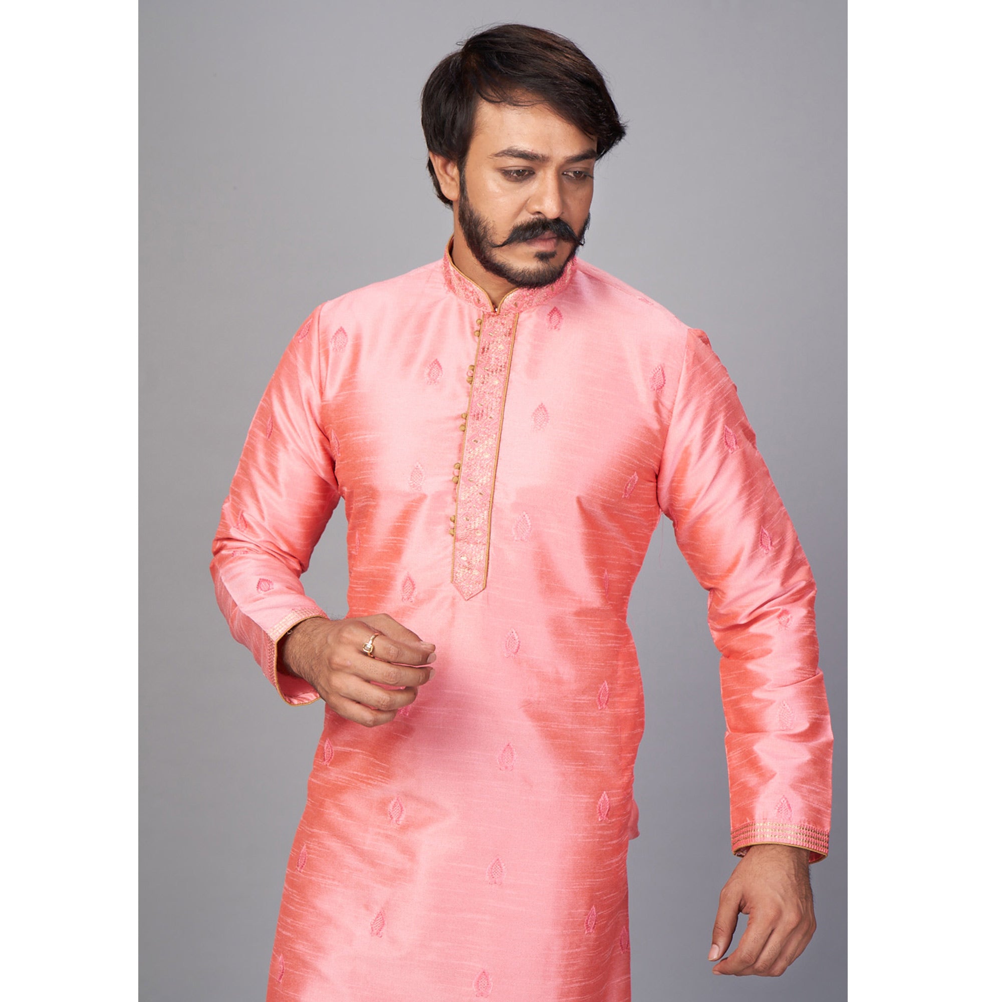 Pink Embroidered Jacquard Kurta Pyjama Set
