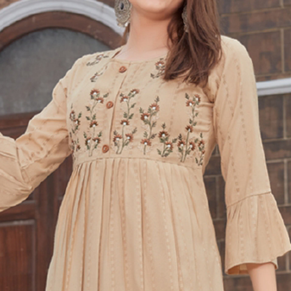 Light Brown Floral Embroidered Rayon Naira Cut Kurti
