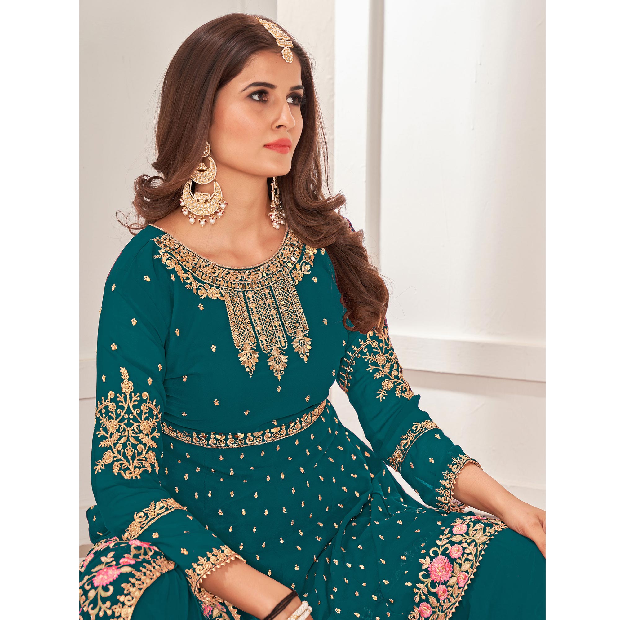Teal Blue Sequins Embroidered Georgette Sharara Suit
