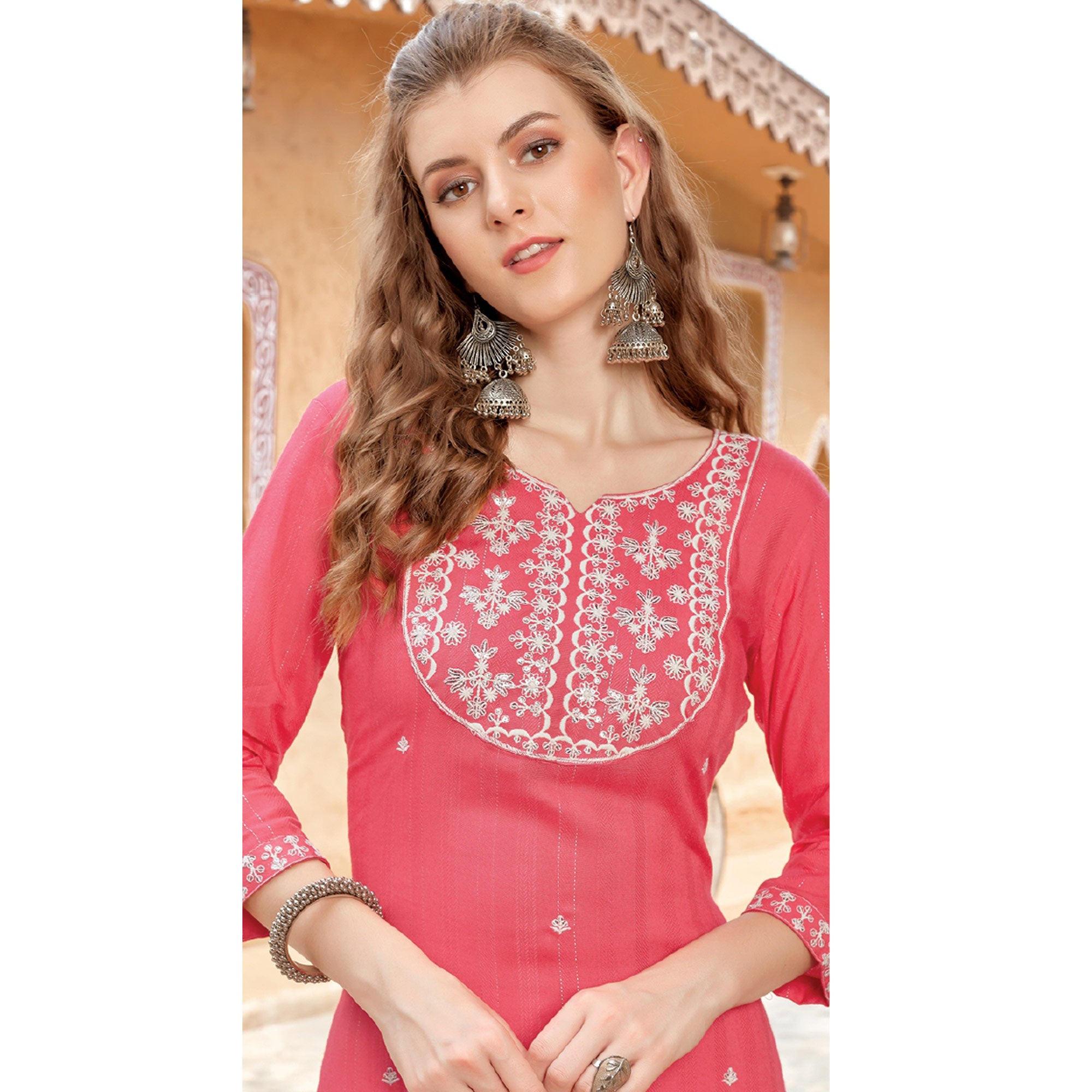 Pink Floral Embroidered Rayon Kurti
