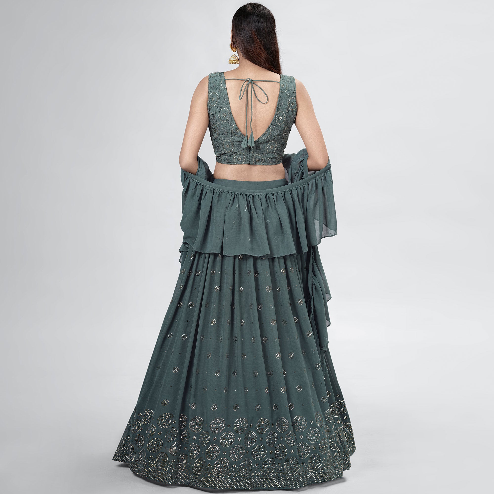 Dark Grey Embellished With Embroidered Georgette Lehenga Choli