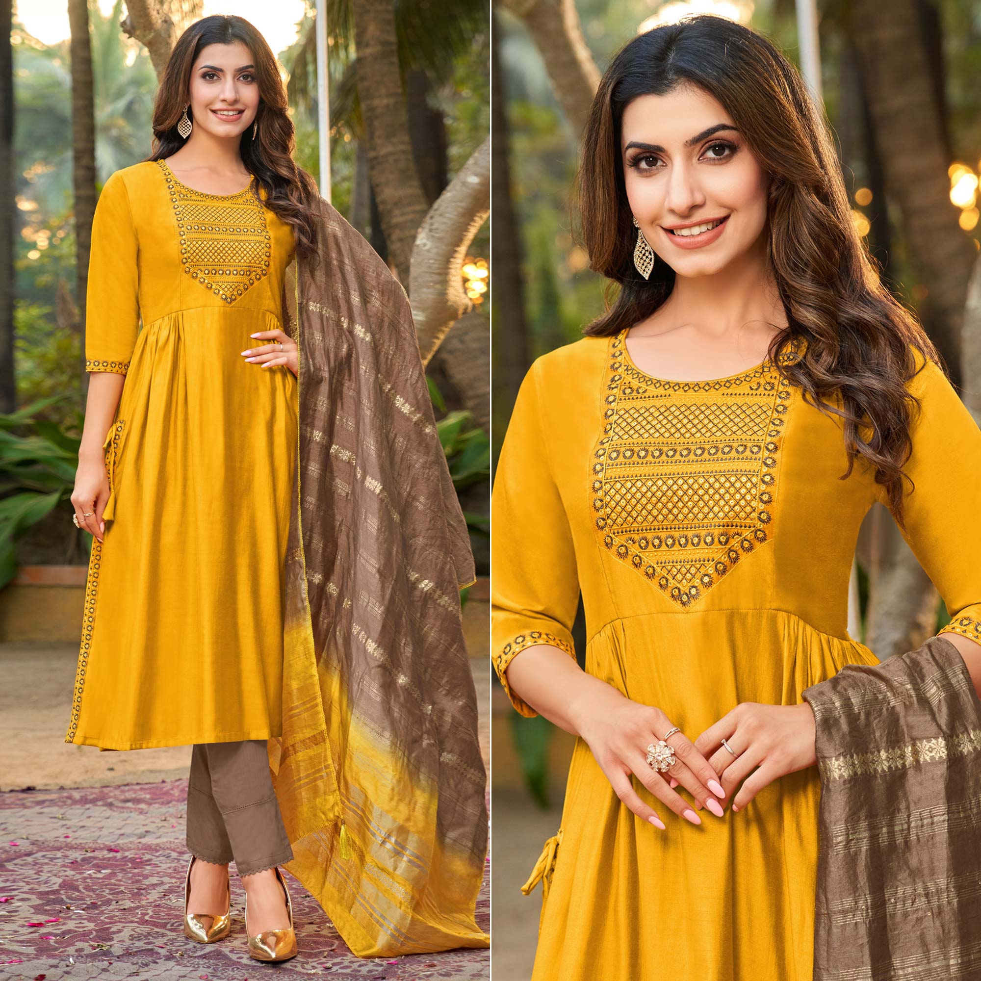 Mustard Floral Embroidered Pure Silk Naira Cut Suit