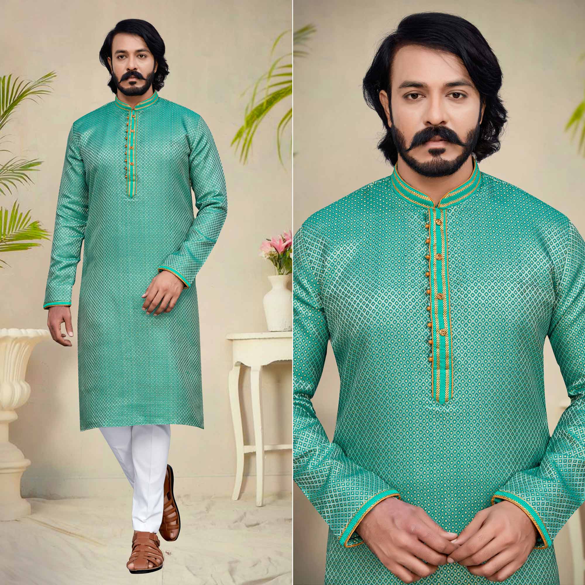 Sea Green Woven Jacquard Kurta Pyjama Set