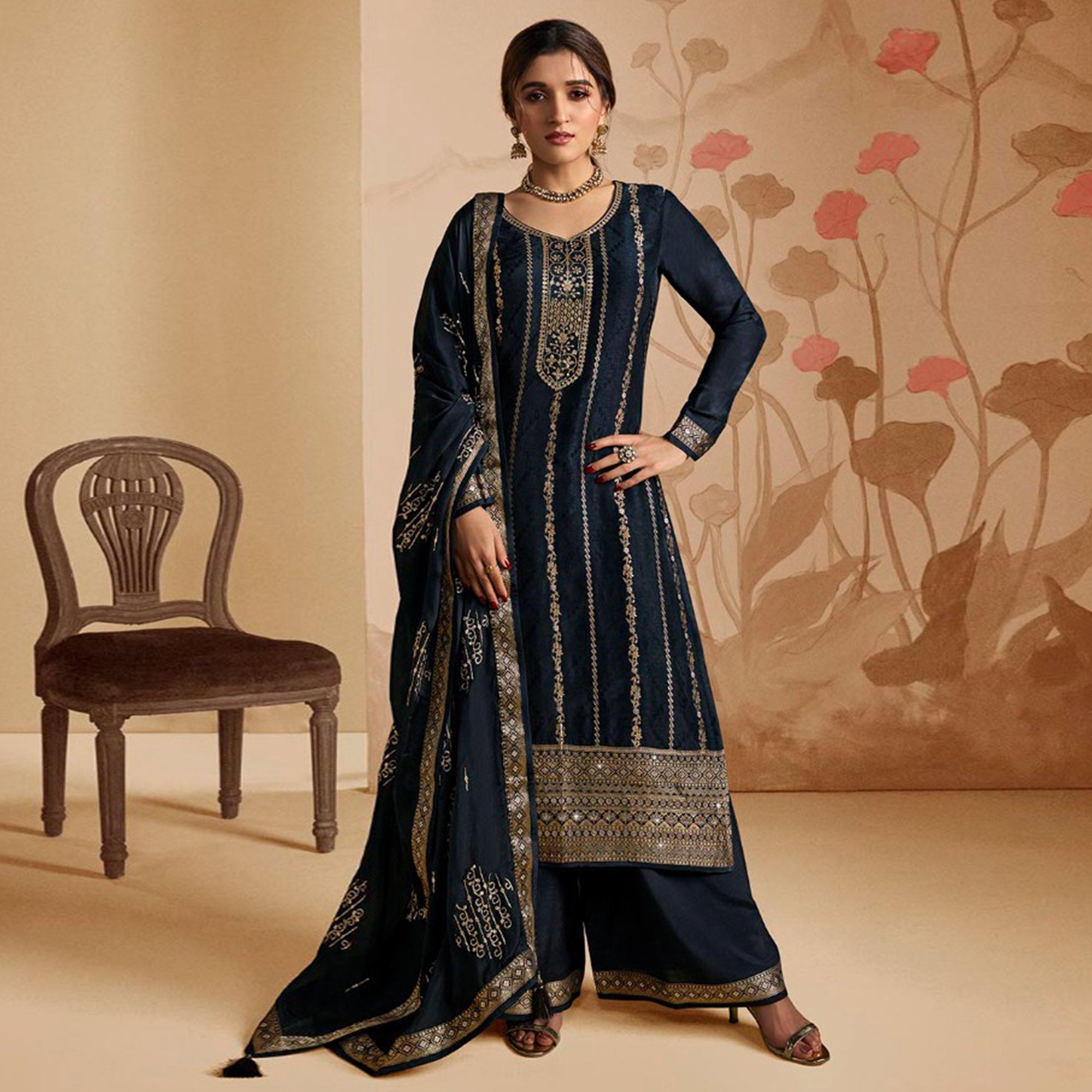 Navy Blue Woven And Embroidered Dola Silk Palazzo Suit