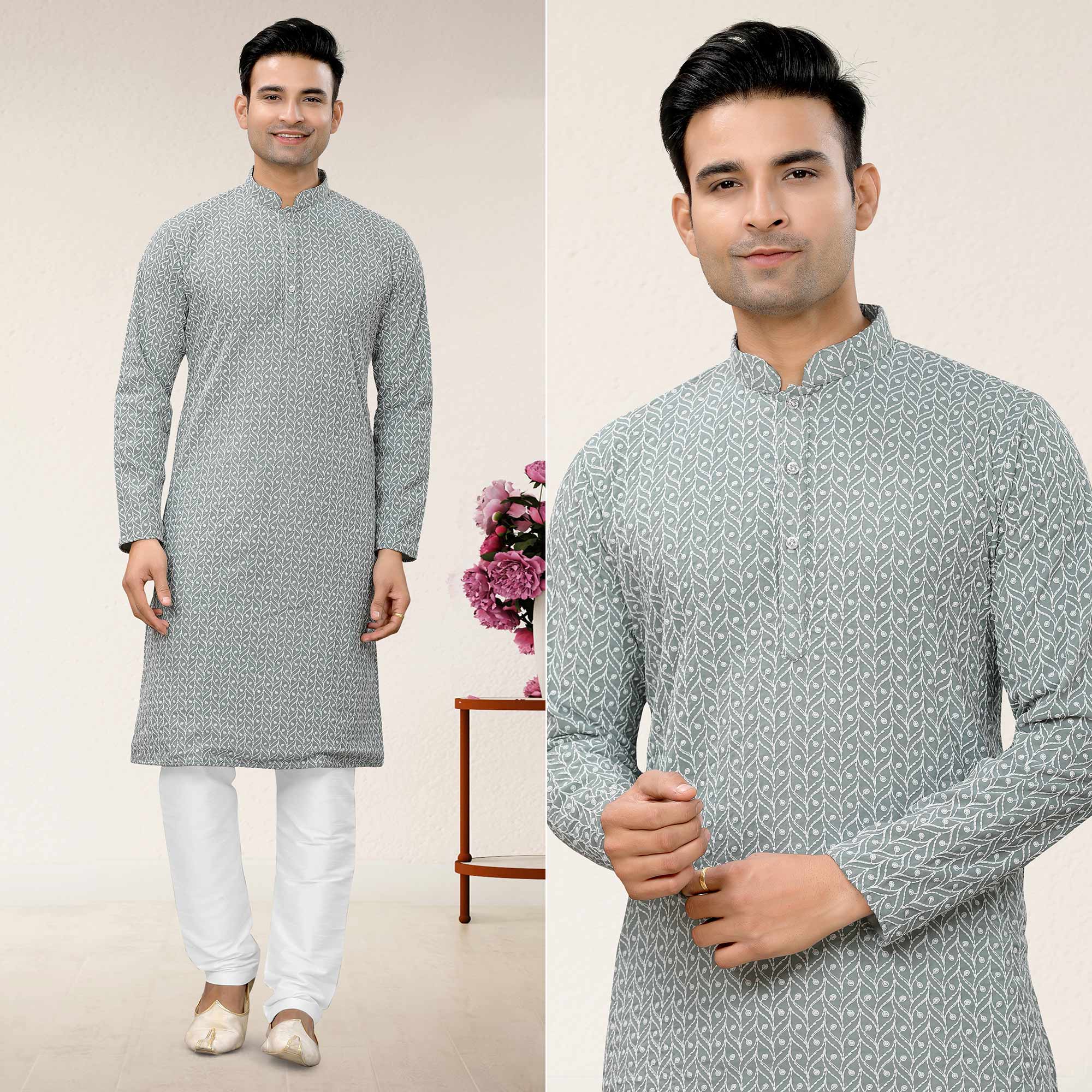 Smoke Blue Lucknowi Embroidered Georgette Kurta Pyjama Set