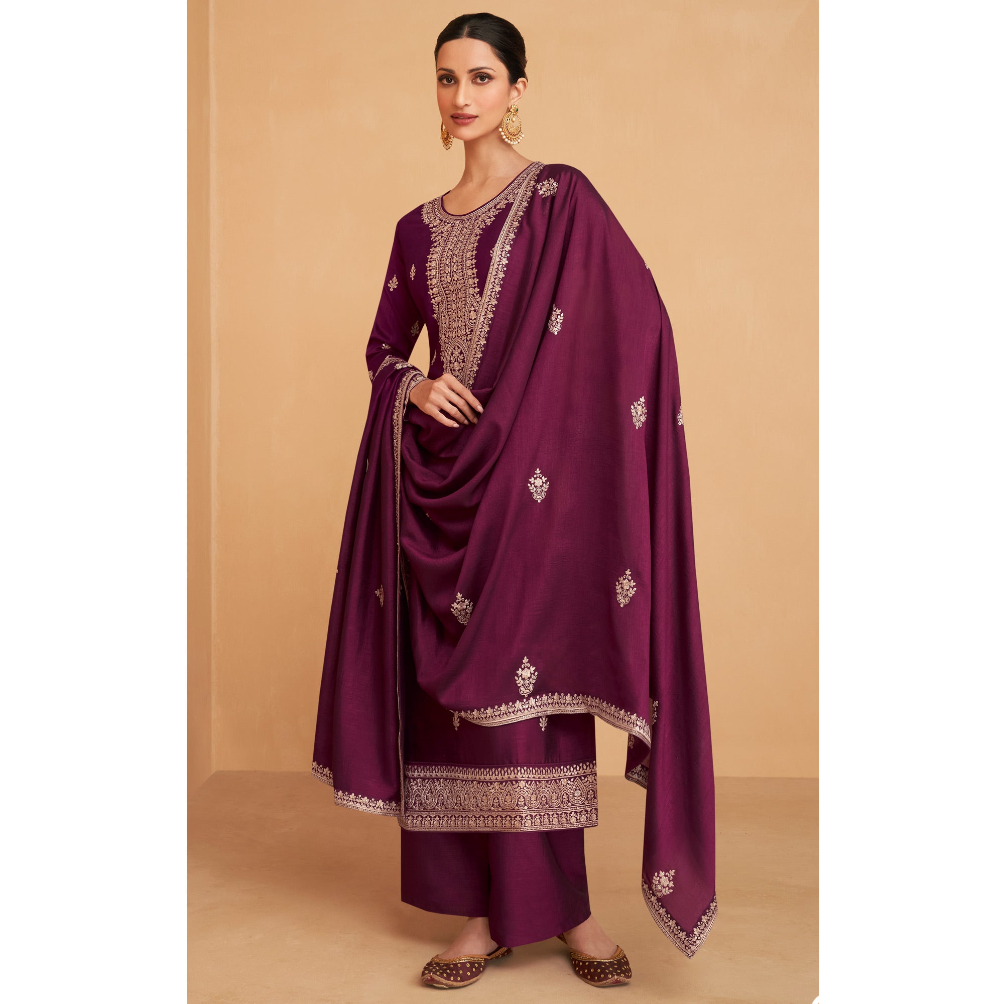 Wine Embroidered Art Silk Palazzo Suit