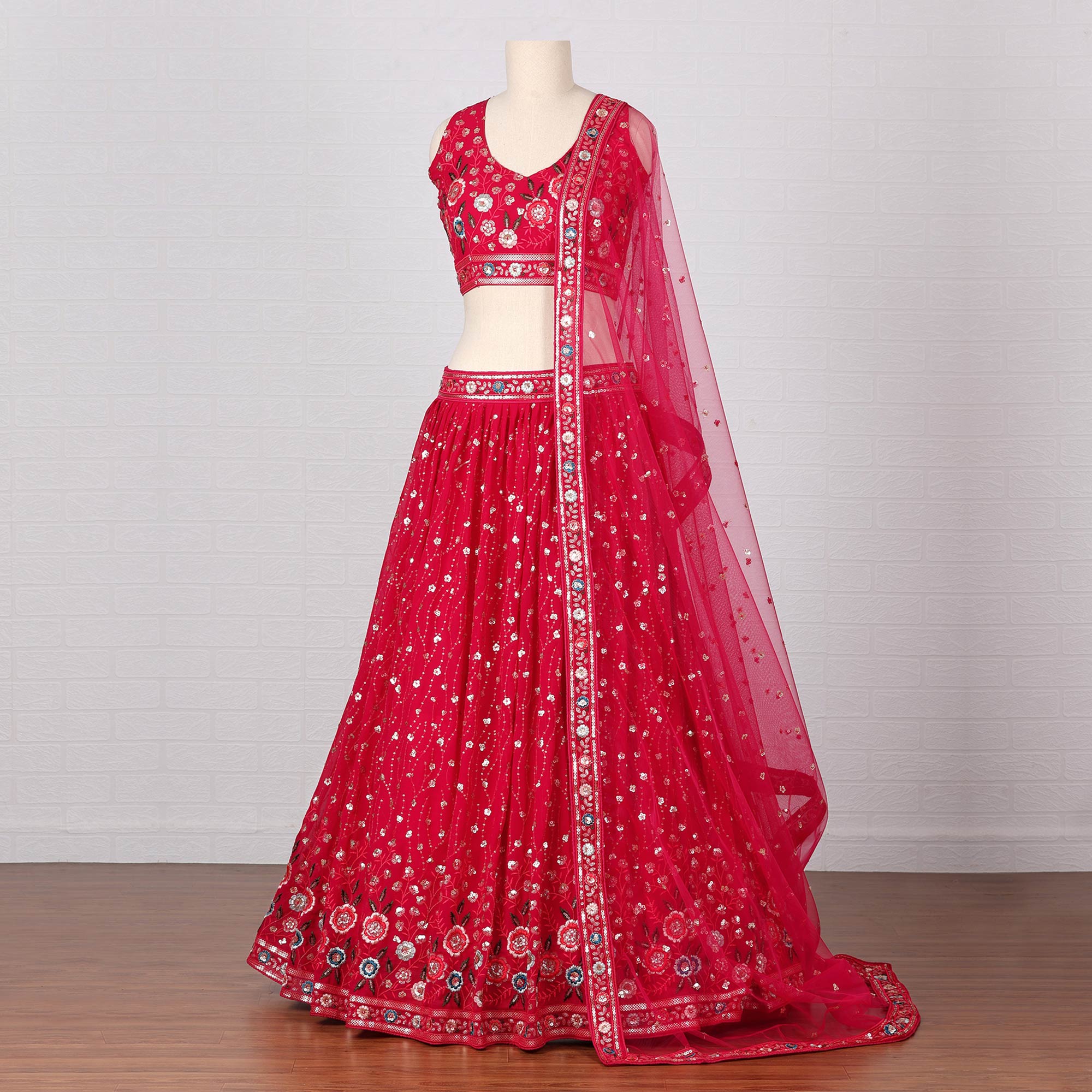 Cherry Red Sequins Embroidered Georgette Lehenga Choli