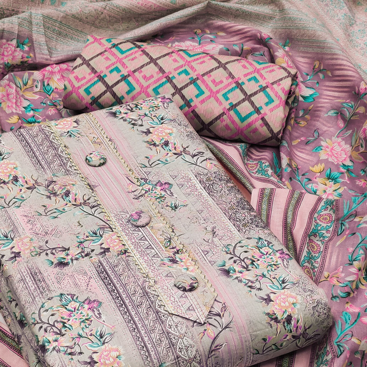 Peach Floral Printed Cotton Blend Dress Material