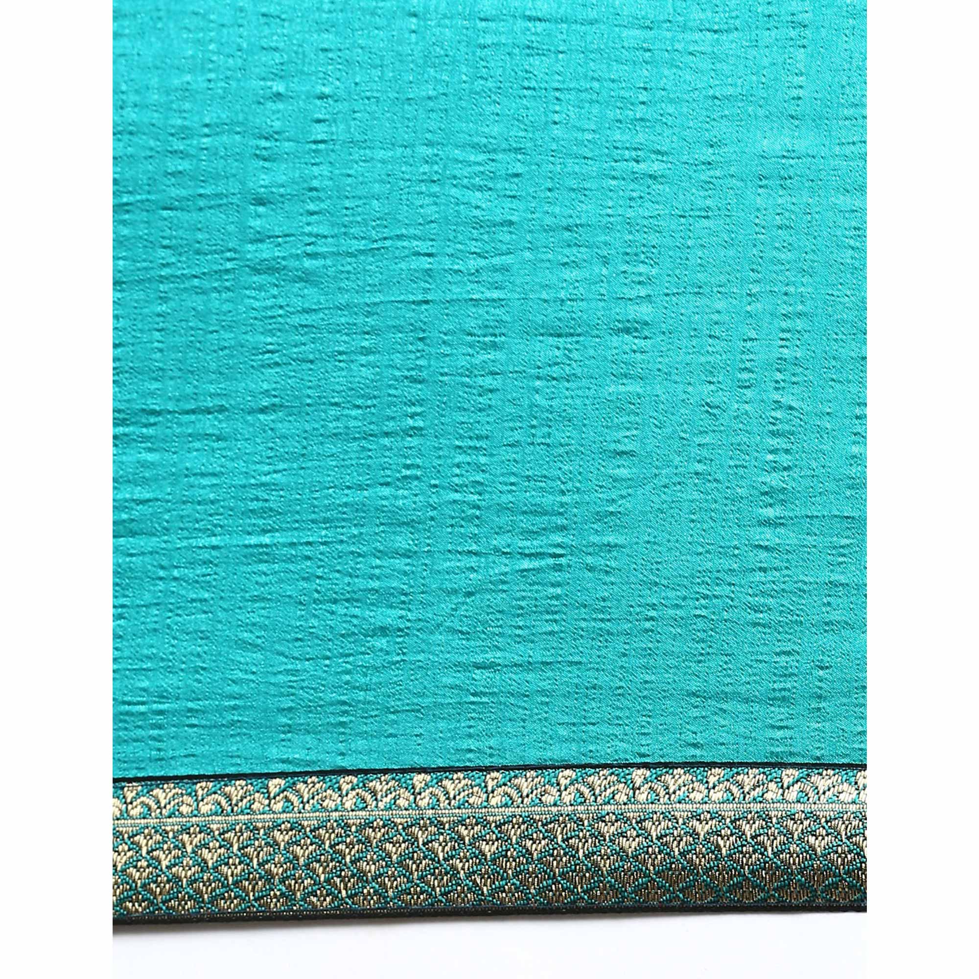 Turquoise Blue Solid Vichitra Silk Saree With Fancy Border