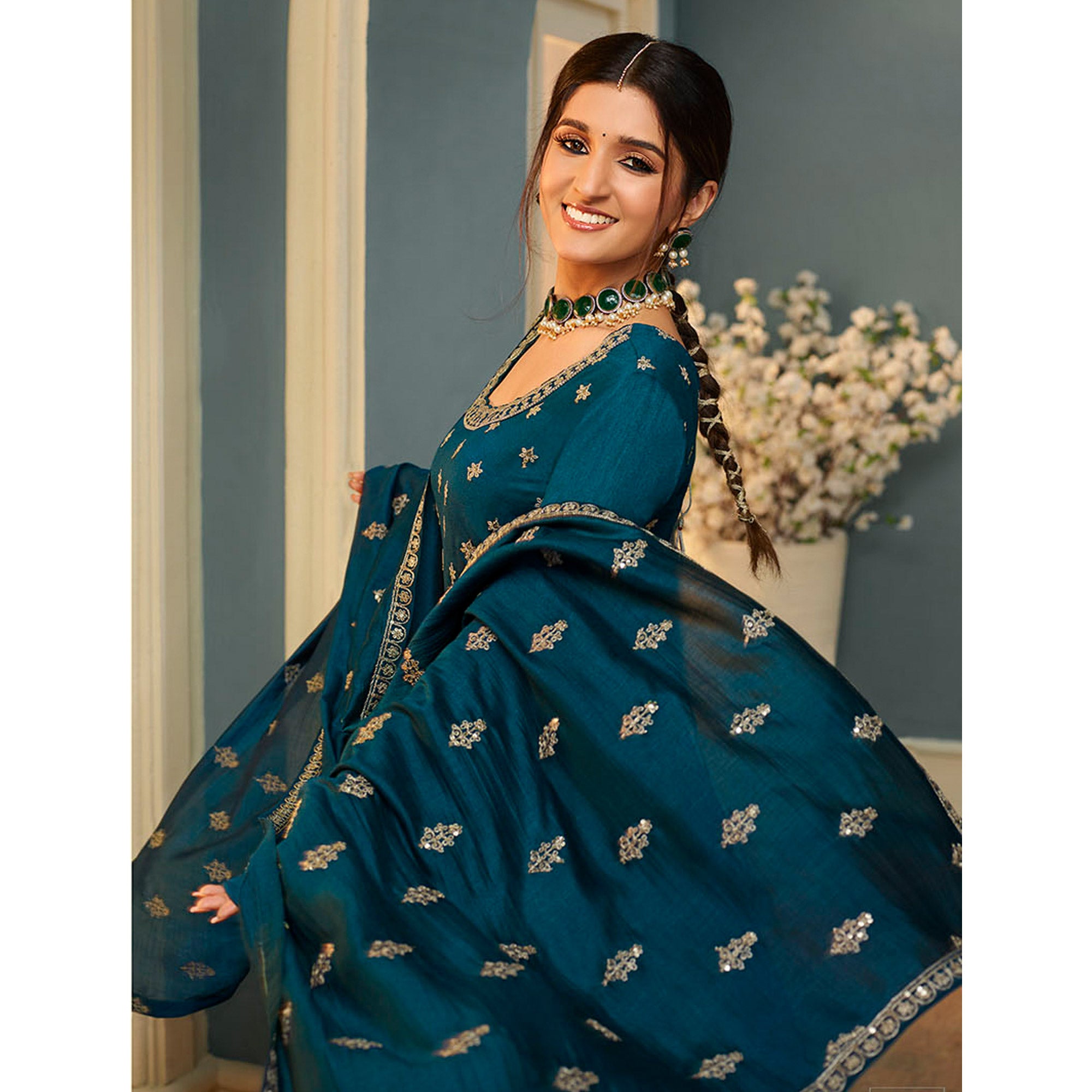 Teal Blue Embroidered Georgette Gown