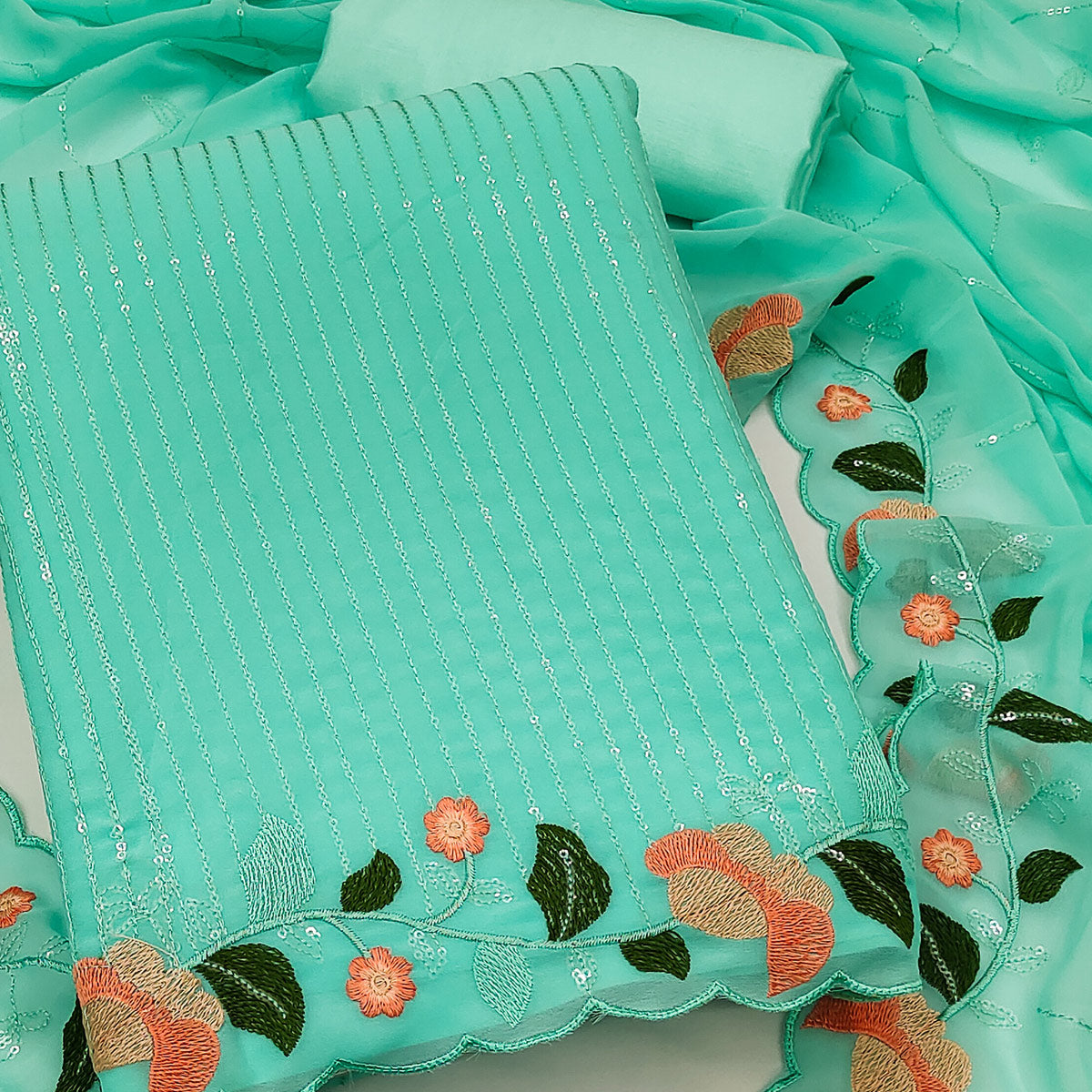 Turquoise Sequins Embroidered Georgette Dress Material