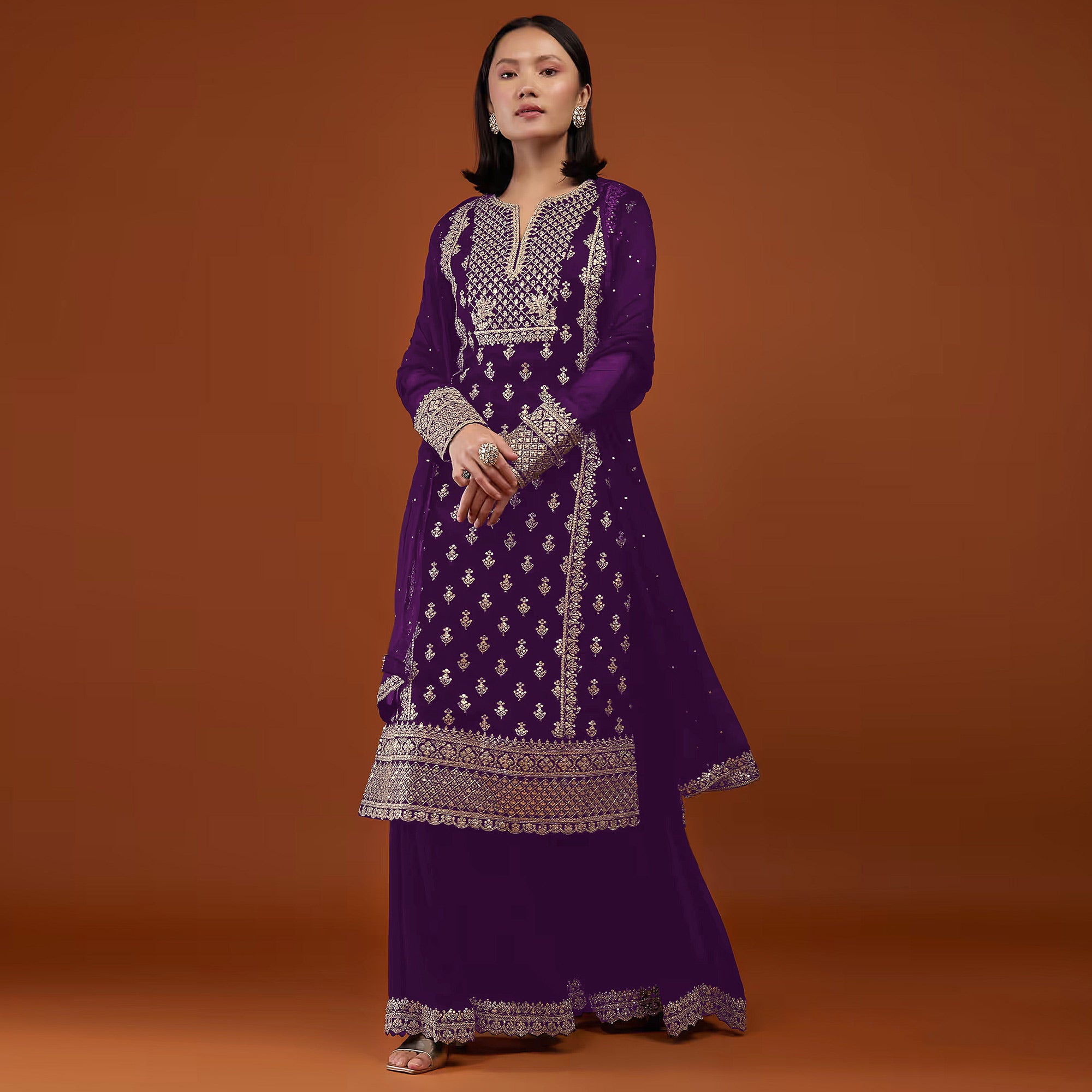 Purple Sequins Embroidered Georgette Semi Stitched Palazzo Suit