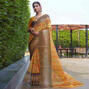Mustard Floral Digital Printed Cotton Blend Saree