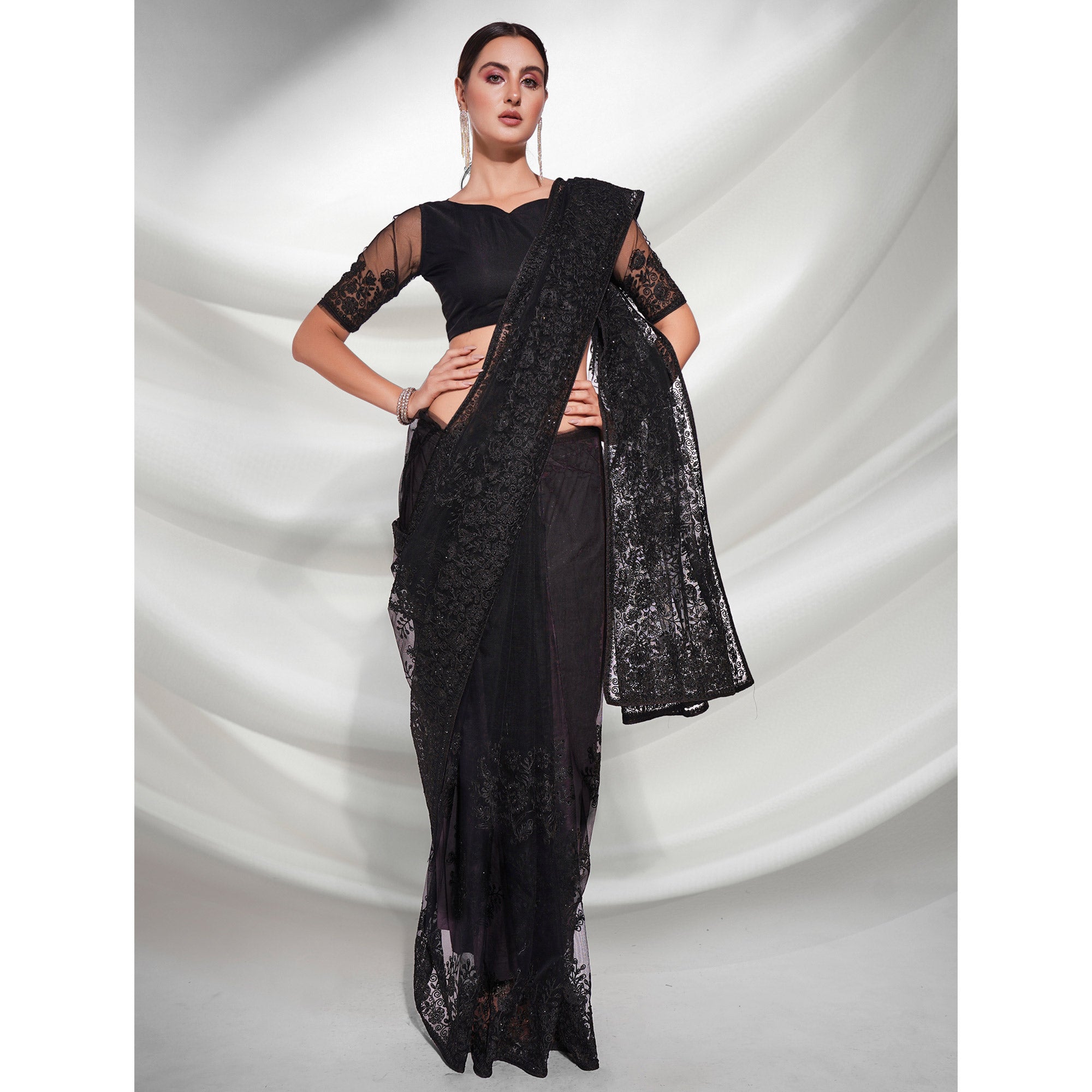 Black Floral Embroidered Net Saree