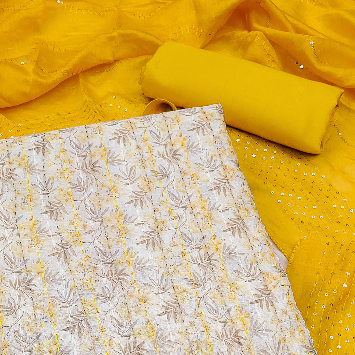 Cream & Yellow Digital Printed With Embroidered Chanderi Dress Material