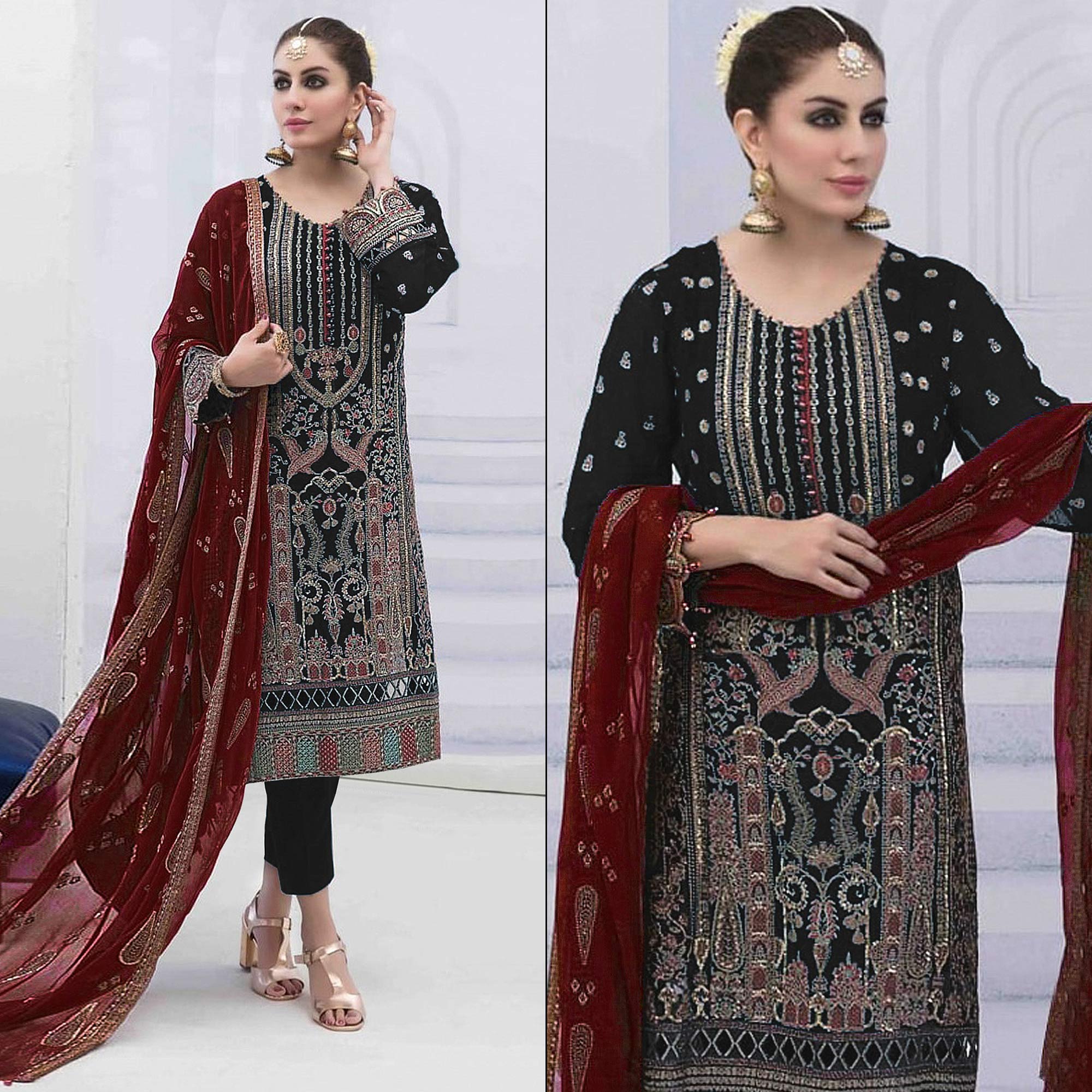 Black Embroidered Georgette Semi Stitched Pakistani Suit