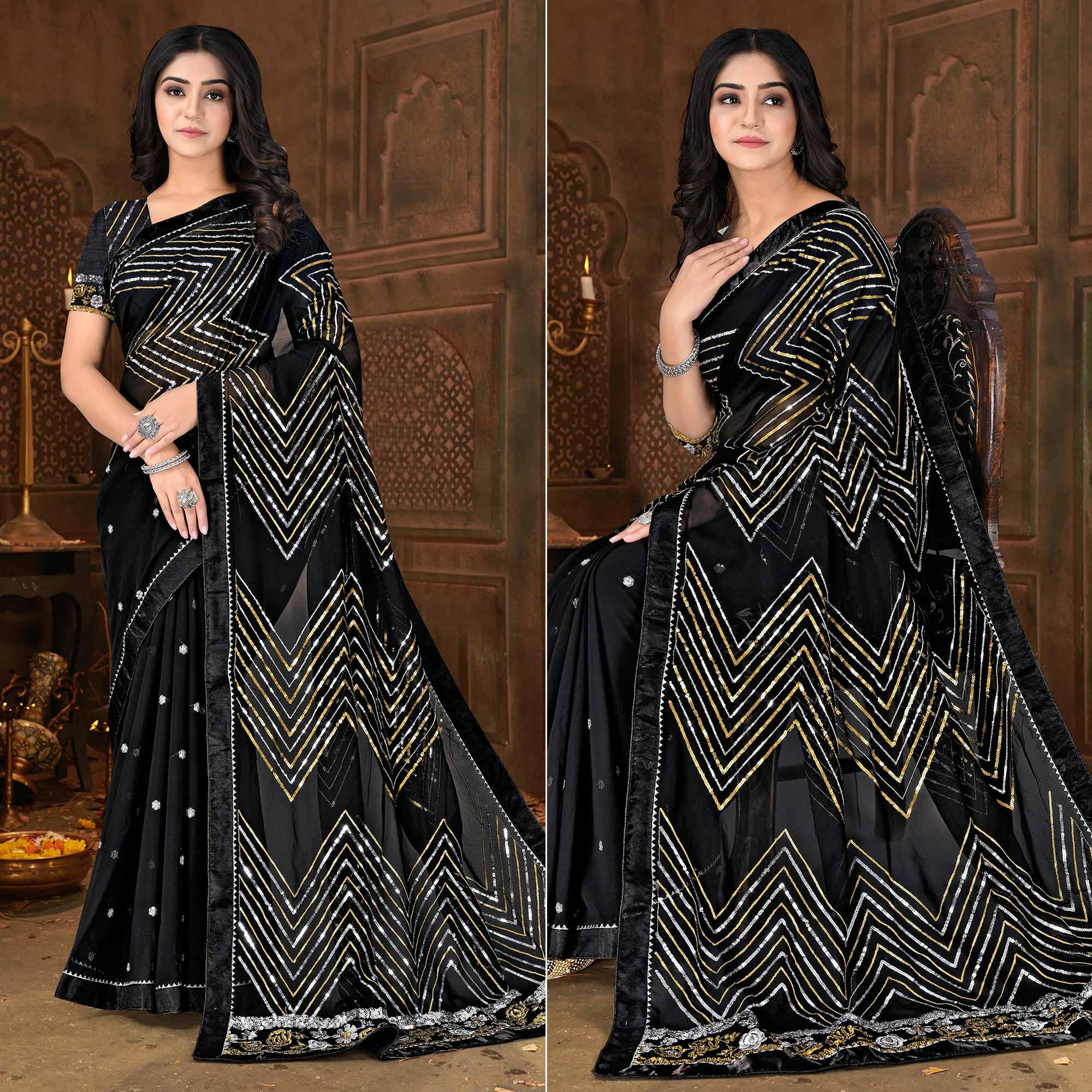 Black Sequins Embroidered Georgette Saree