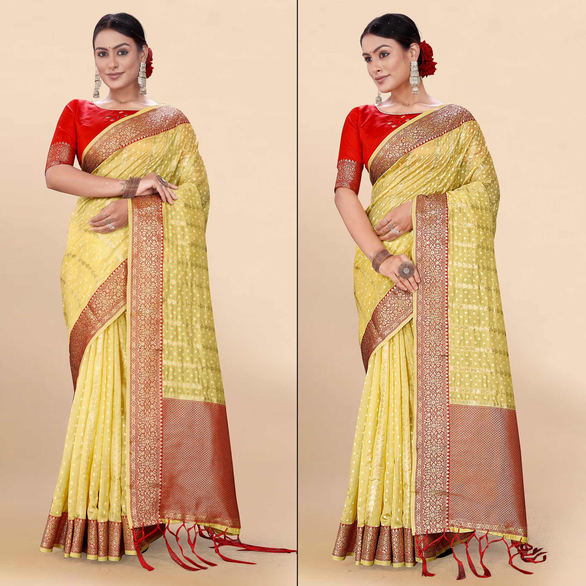 Yellow Woven Organza Saree With Tassels