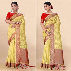 Yellow Woven Organza Saree With Tassels