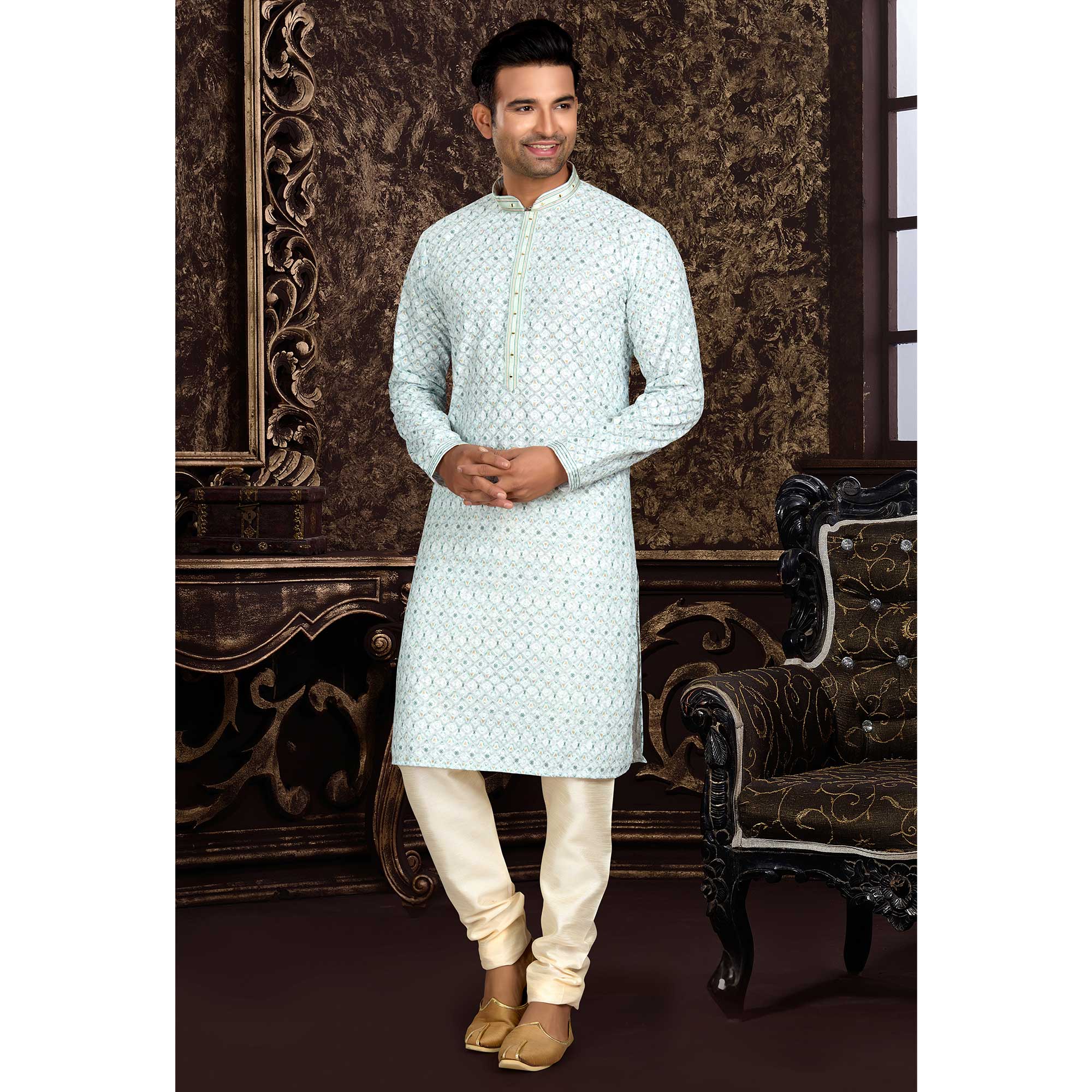 White Lucknowi And Digital Printed Cotton Kurta Pyjama Set