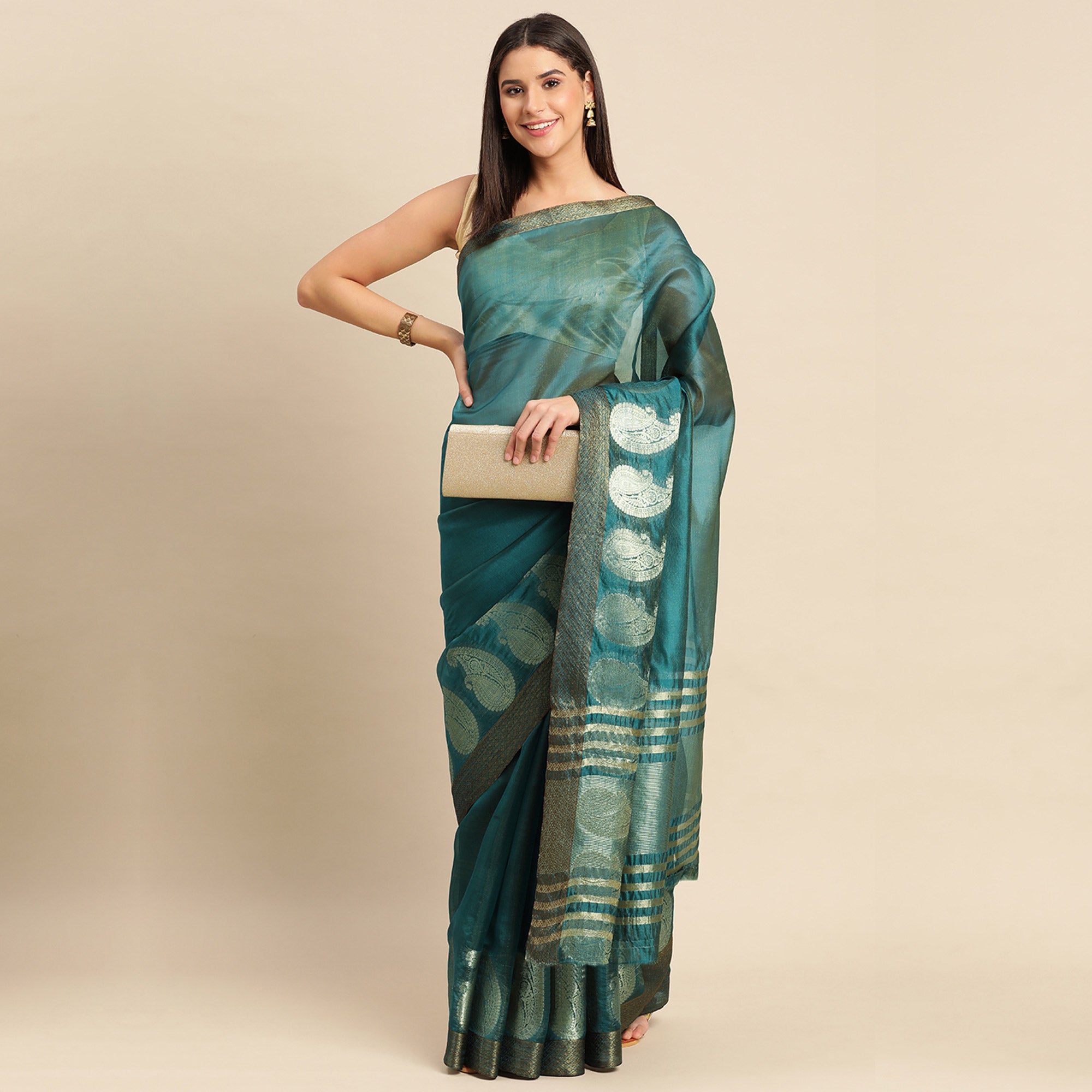 Petrol Blue Woven Organza Saree
