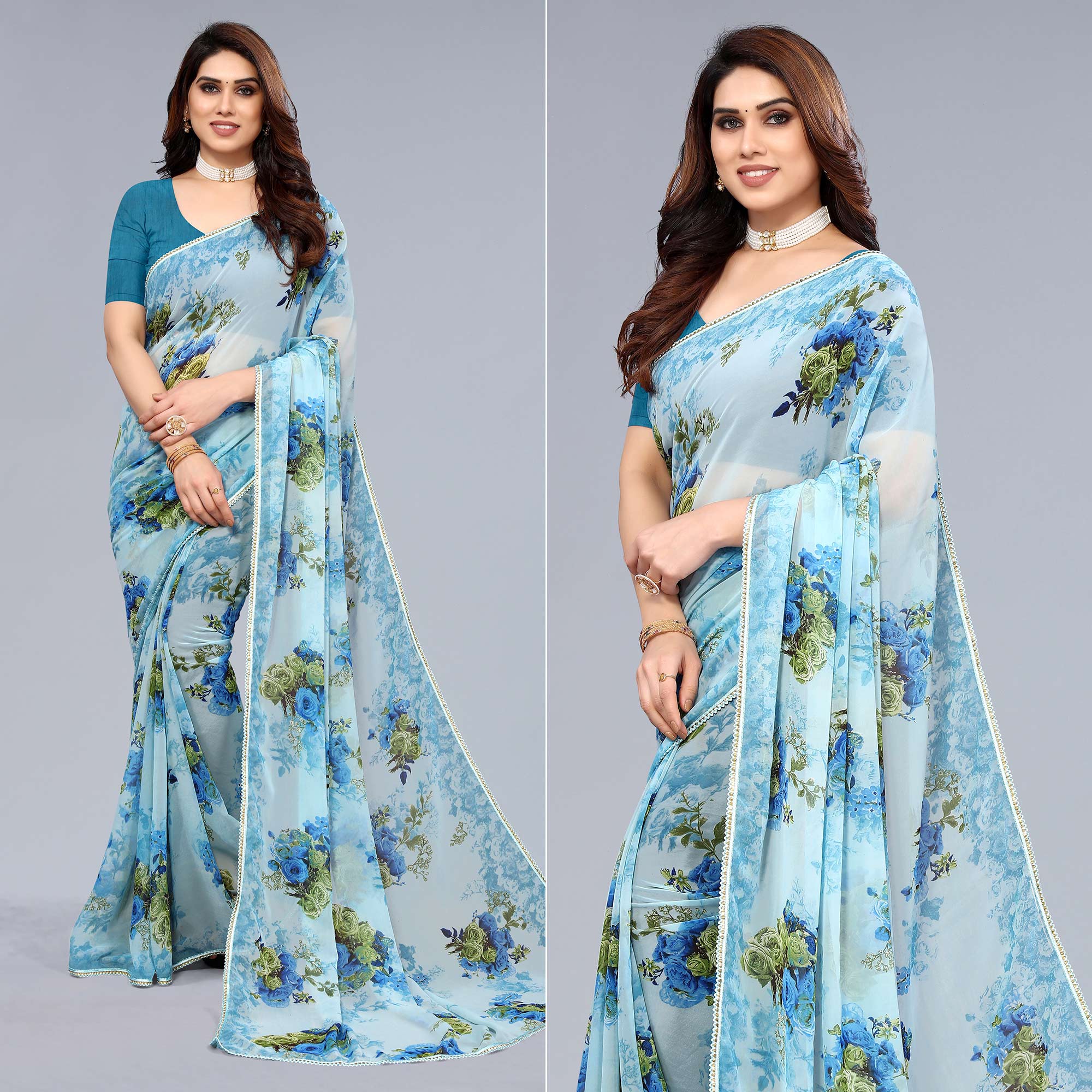 Sky Blue Floral Printed Georgette Saree