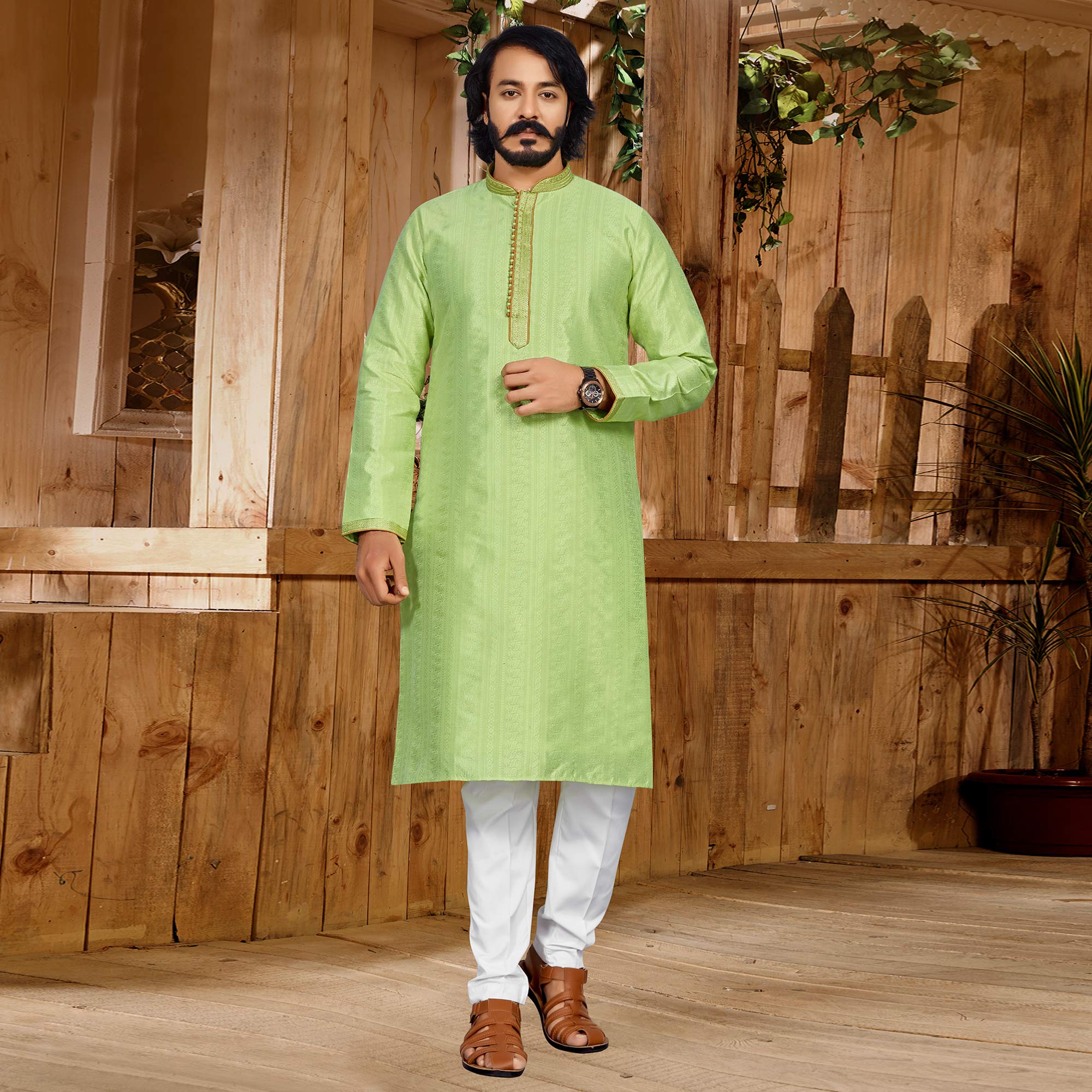 Parrot Green Woven Jacquard Kurta Pyjama Set