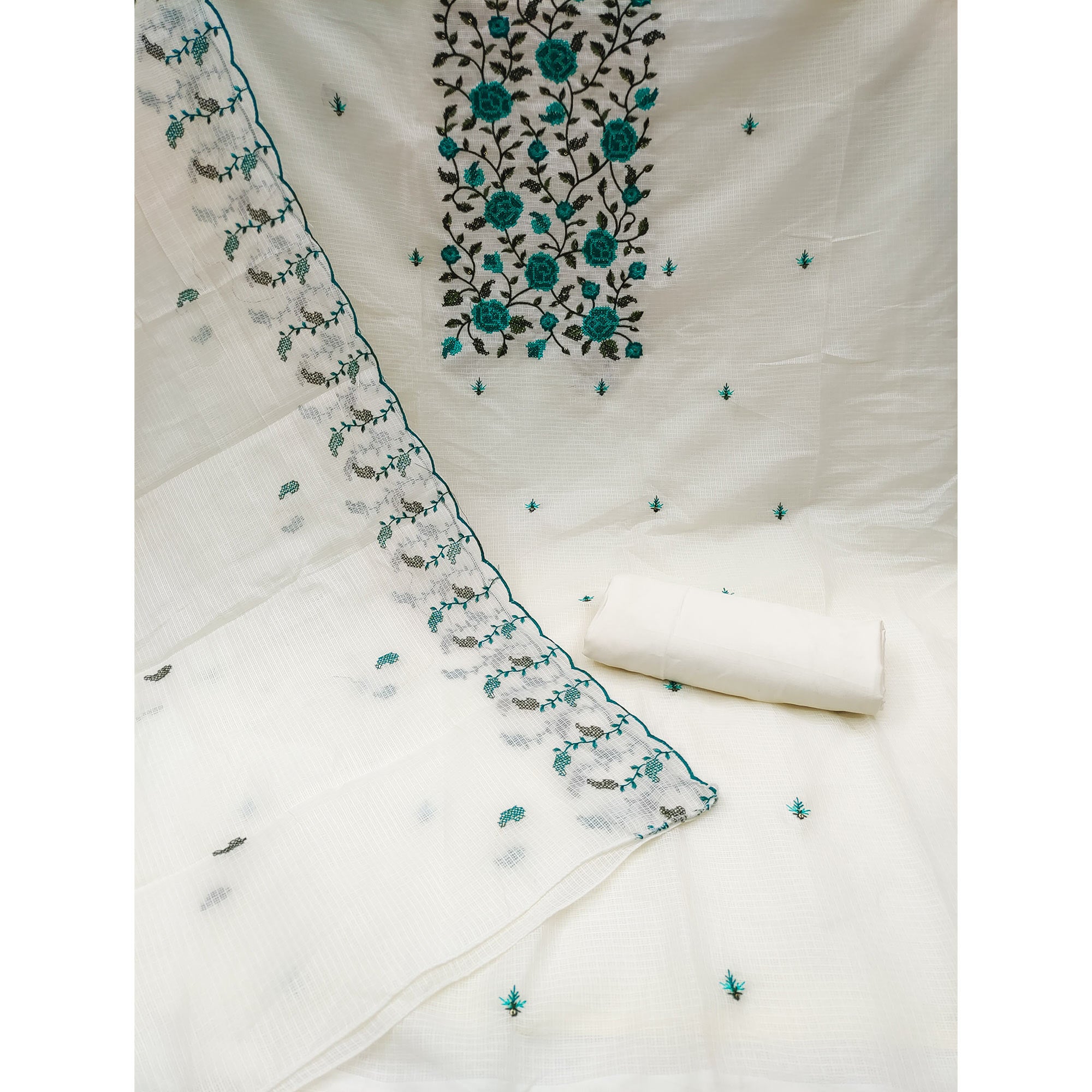 White Floral Sequins Embroidered Kota Doria Dress Material