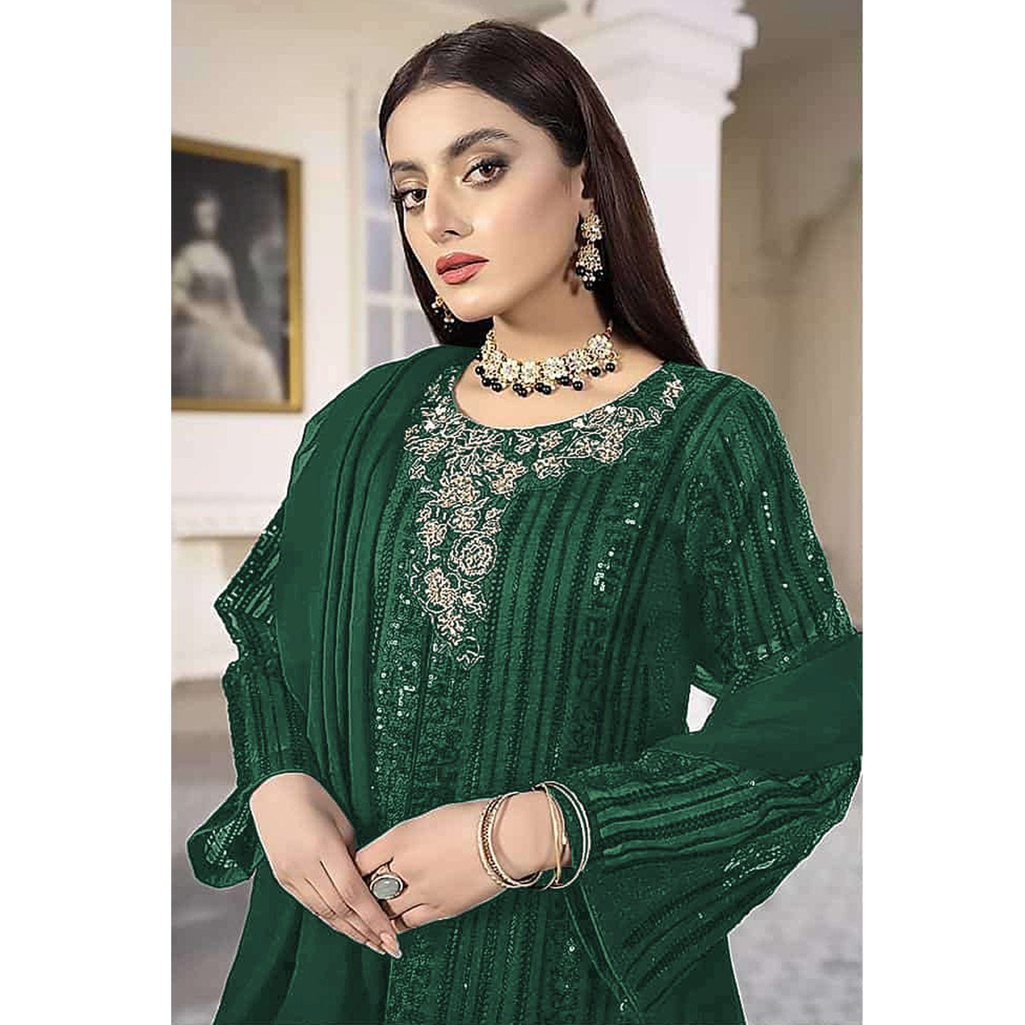 Green Sequins Embroidered Georgette Pakistani Suit