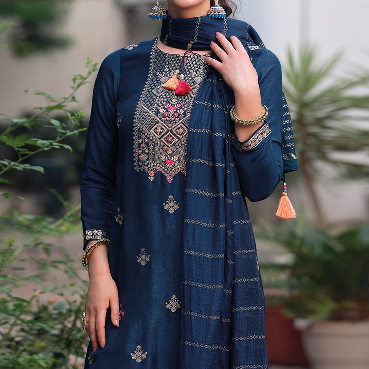 Blue Floral Woven Muslin Salwar Suit