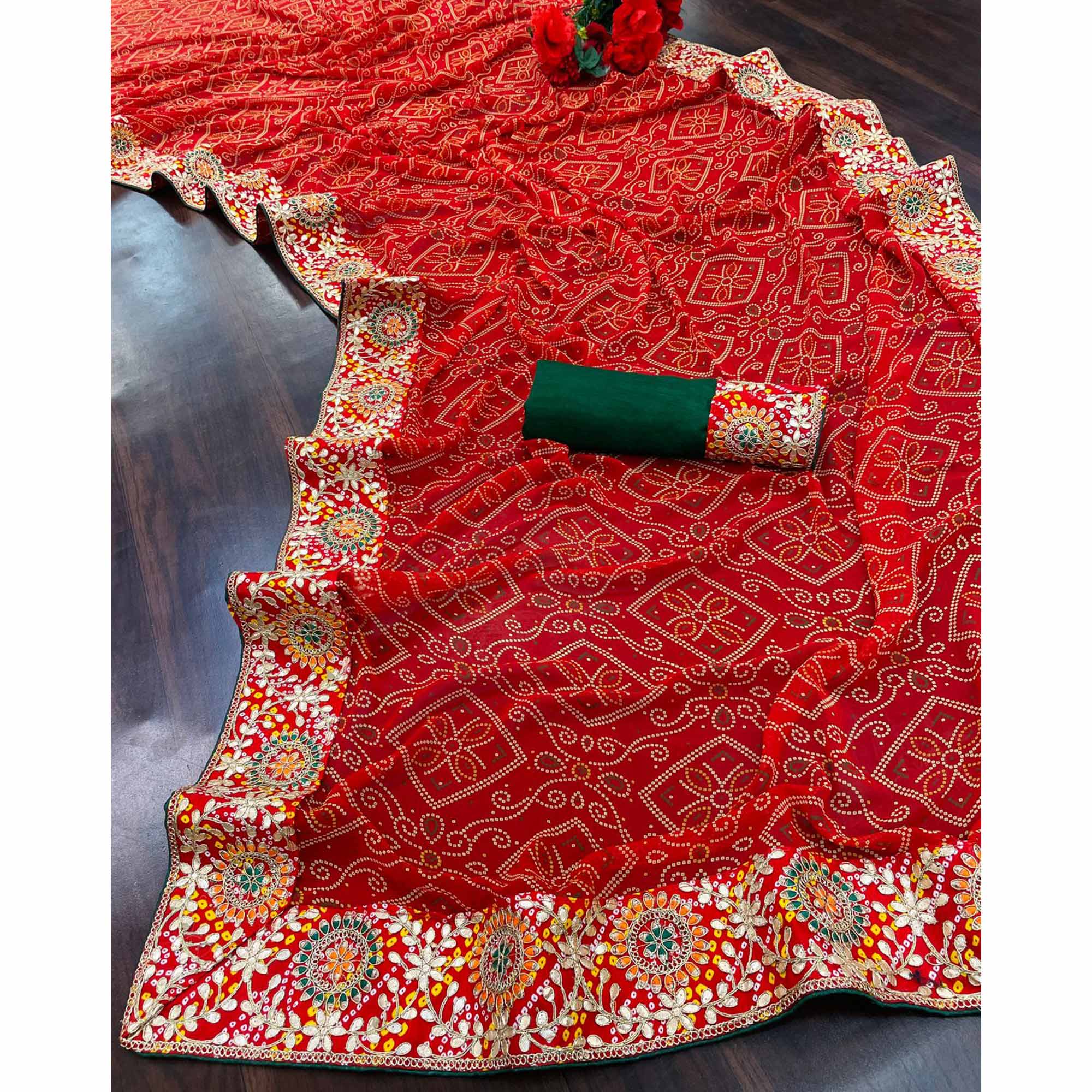 Red Bandhani Printed With Embroidered Border Georgette Saree