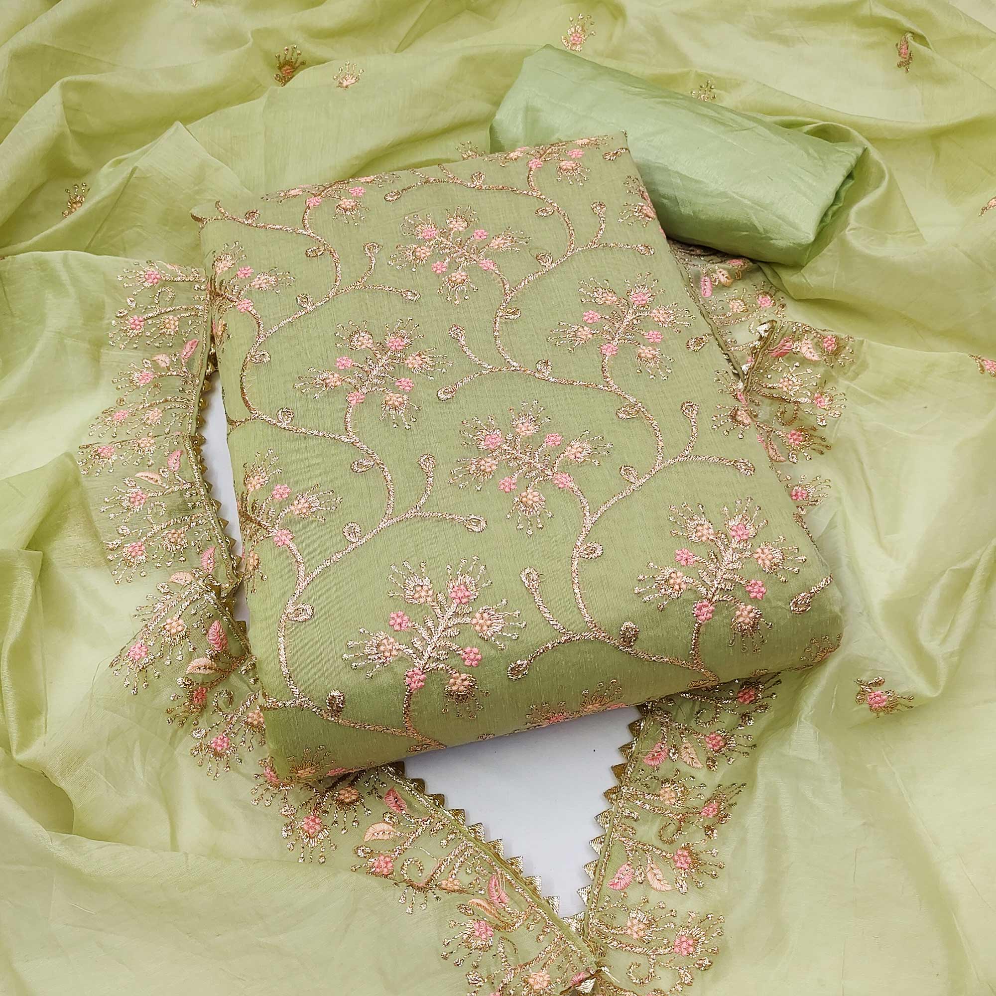 Green Floral Embroidered Chanderi Dress Material