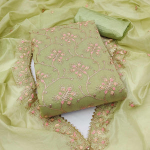 Green Floral Embroidered Chanderi Dress Material