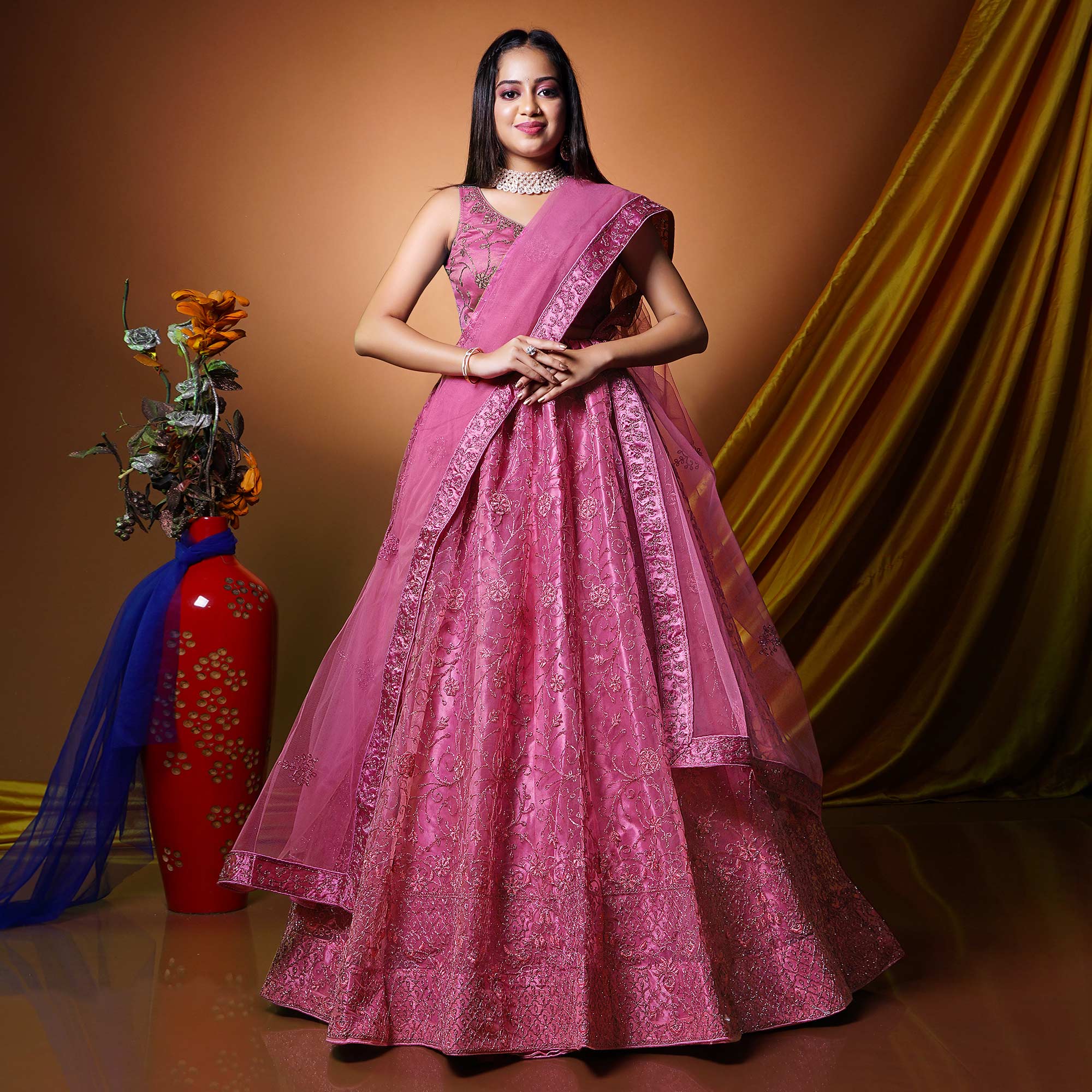Pink Floral Embroidered Net Lehenga Choli