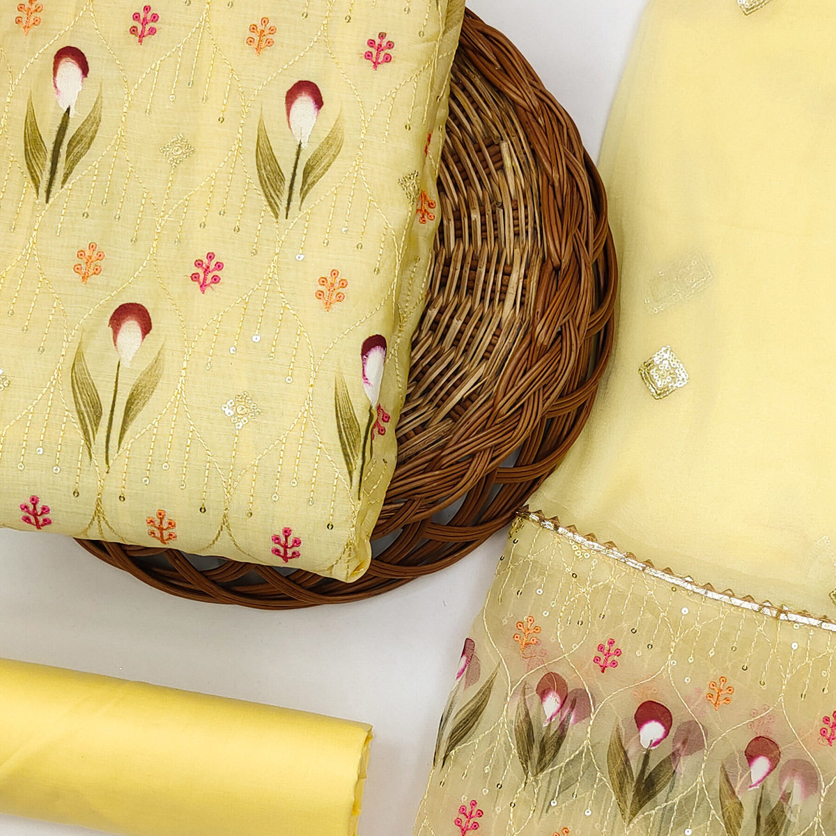 Yellow Sequins Embroidered Chanderi Dress Material