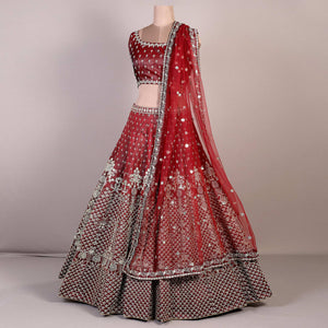 Maroon Embroidered Satin Lehenga Choli