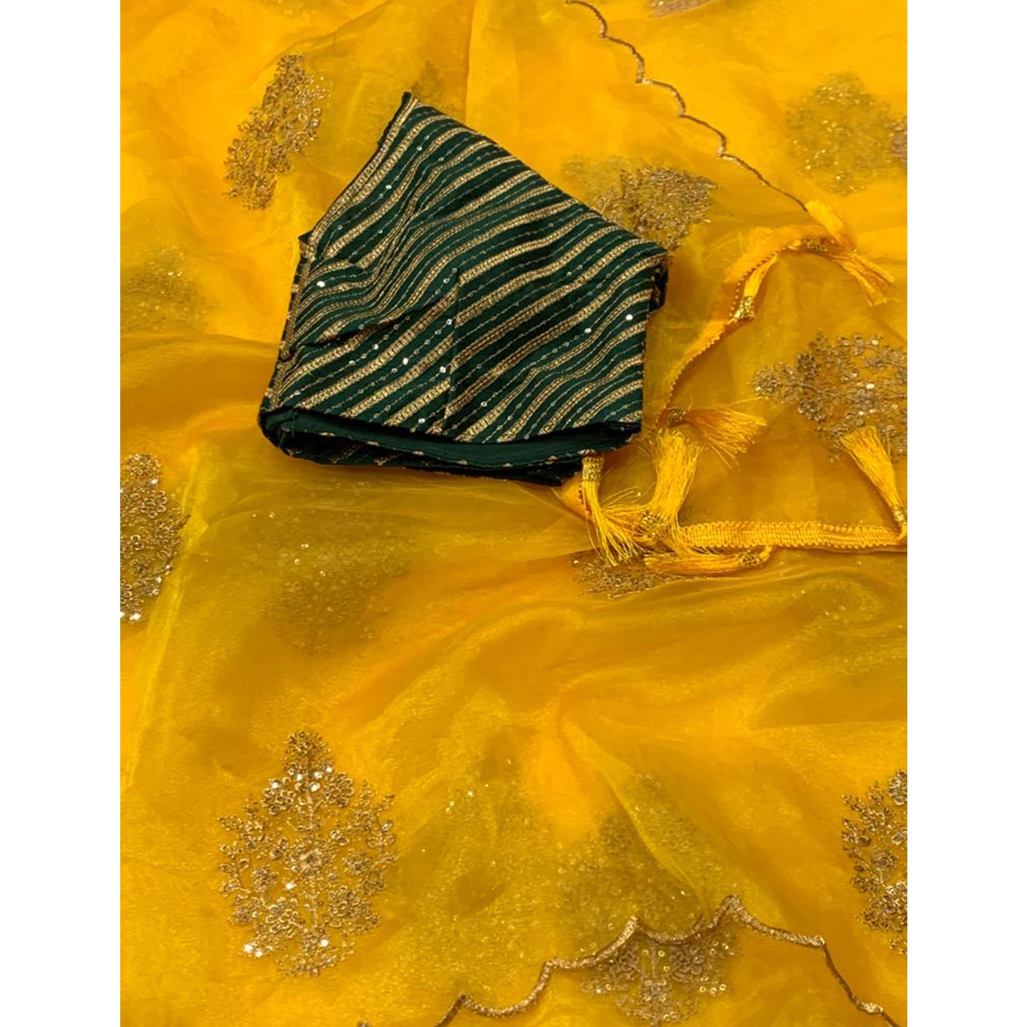 Yellow Sequins Floral Embroidered Organza Saree