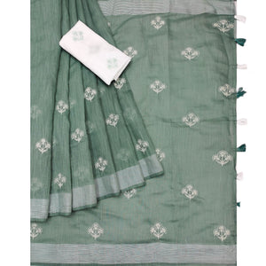 Green Floral Embroidered Raw Silk Saree